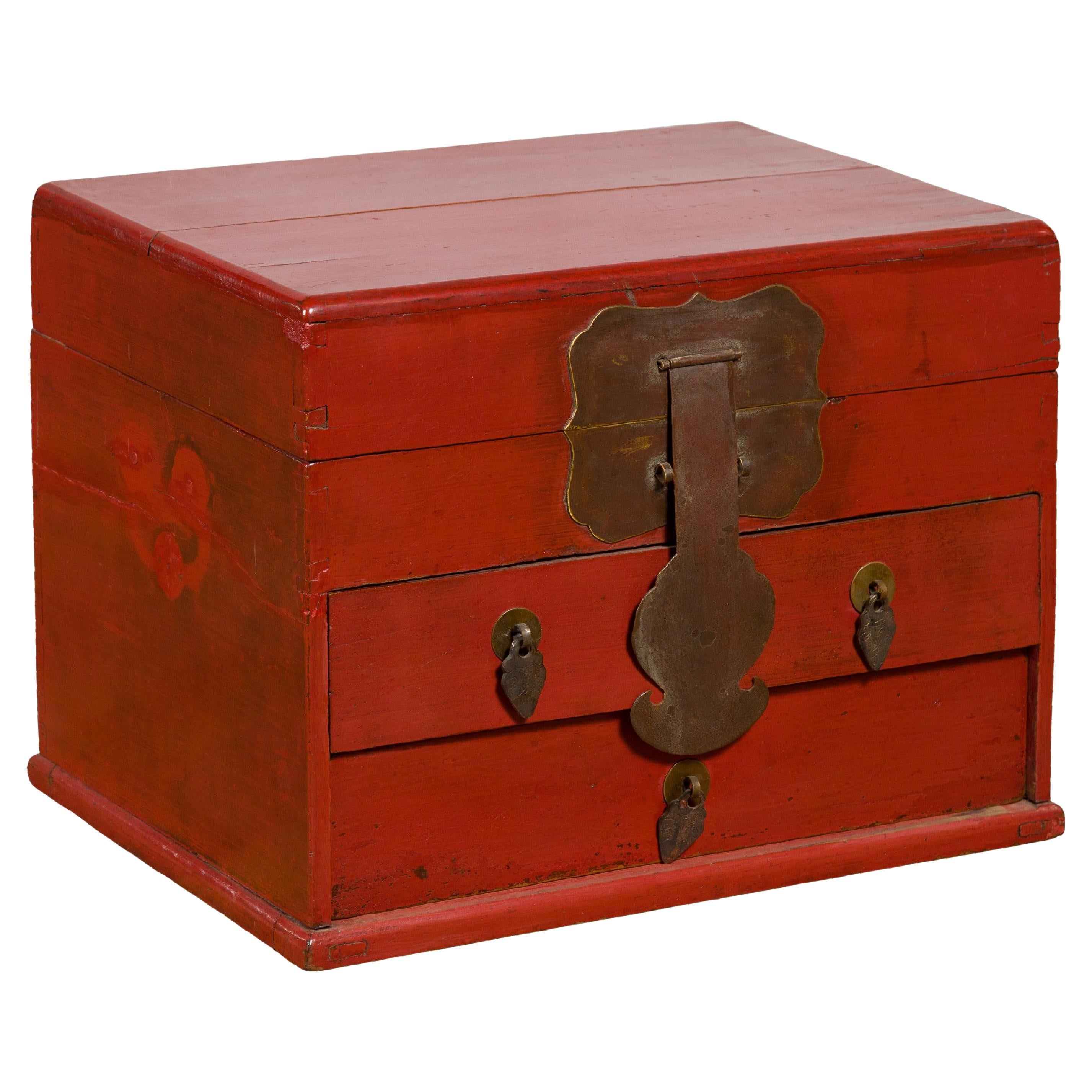 Chinese Early 20th Century Red Lacquer Jewelry Box with Bronze Hardware For Sale