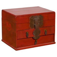 Chinese Early 20th Century Red Lacquer Jewelry Box with Bronze Hardware