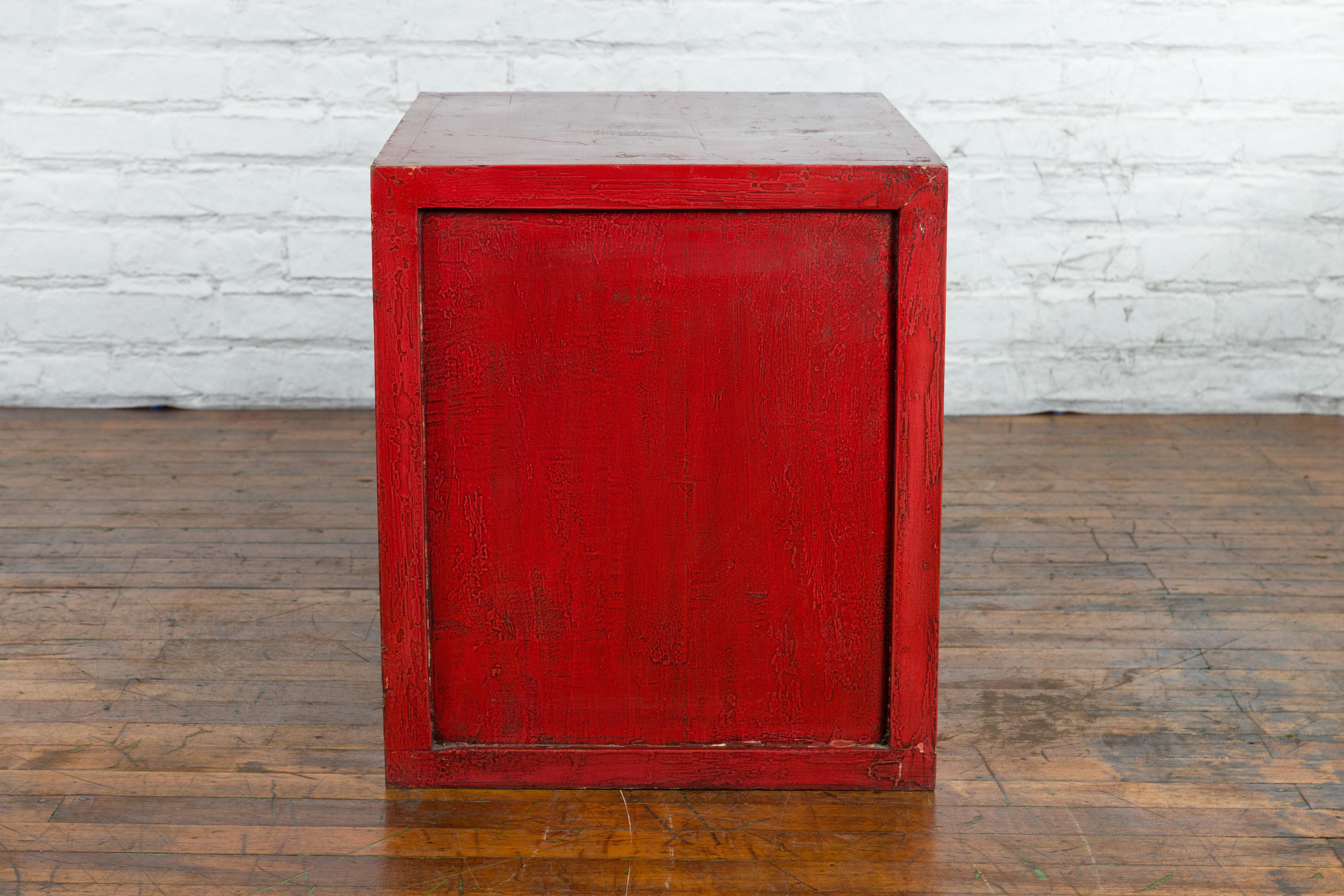 Chinese Early 20th Century Red Lacquer Low Cabinet with Original Brass Hardware 9