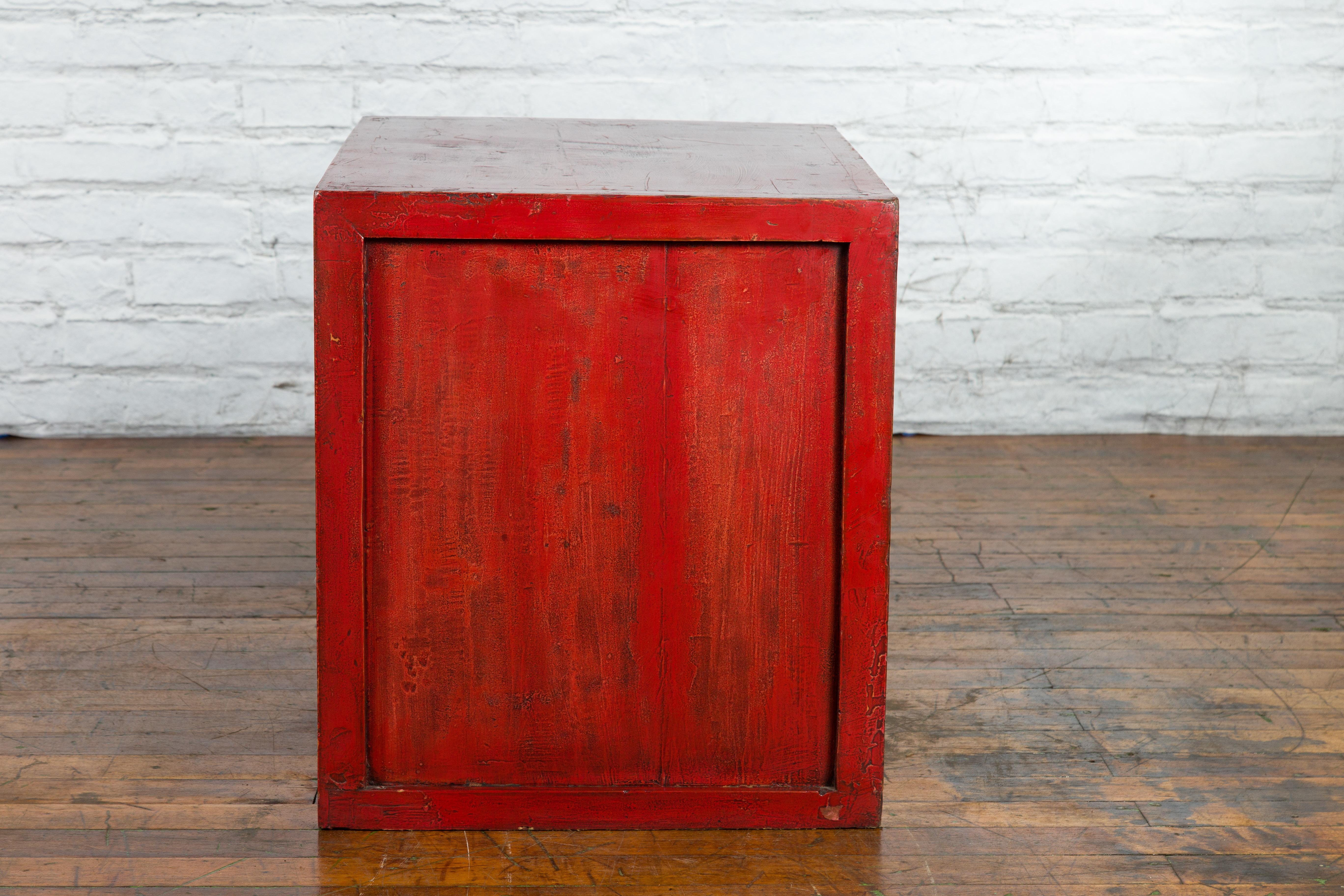 Chinese Early 20th Century Red Lacquer Low Cabinet with Original Brass Hardware 11