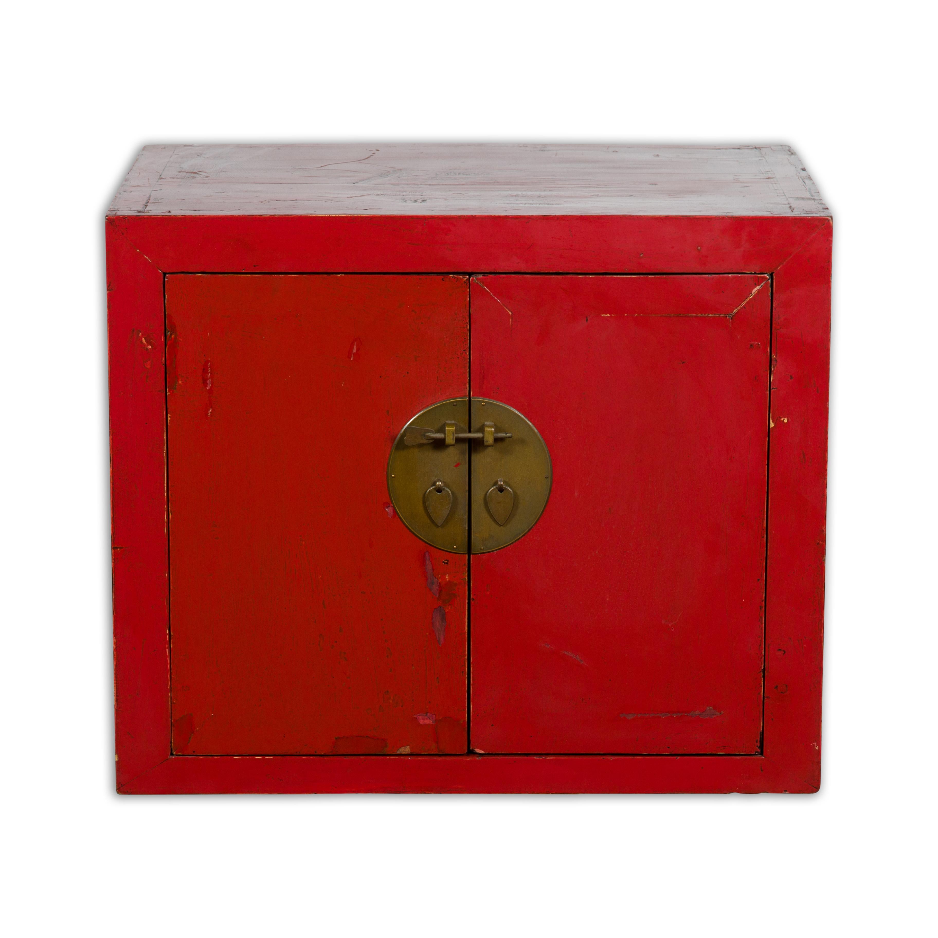 Chinese Early 20th Century Red Lacquer Low Cabinet with Original Brass Hardware 12