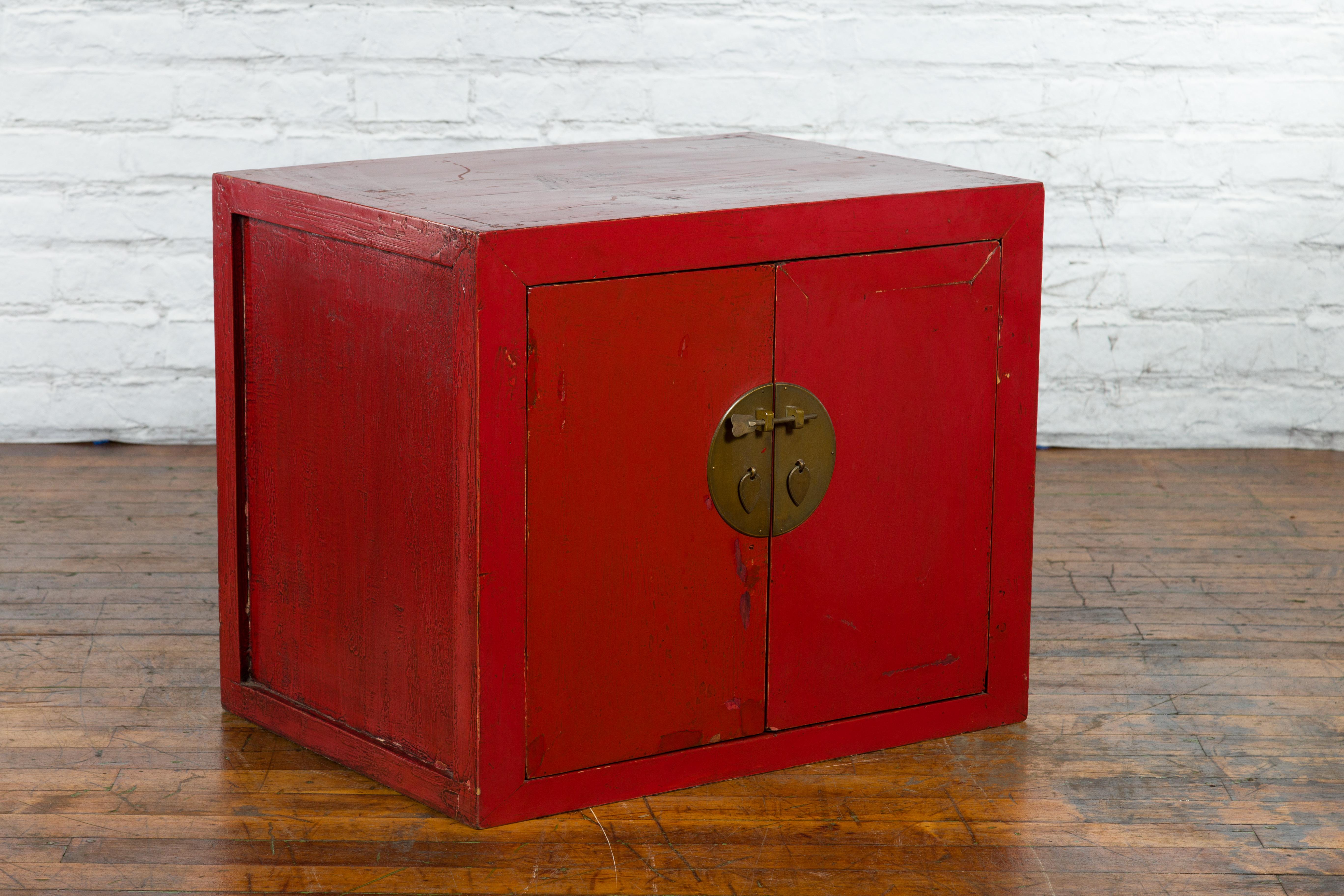 Lacquered Chinese Early 20th Century Red Lacquer Low Cabinet with Original Brass Hardware