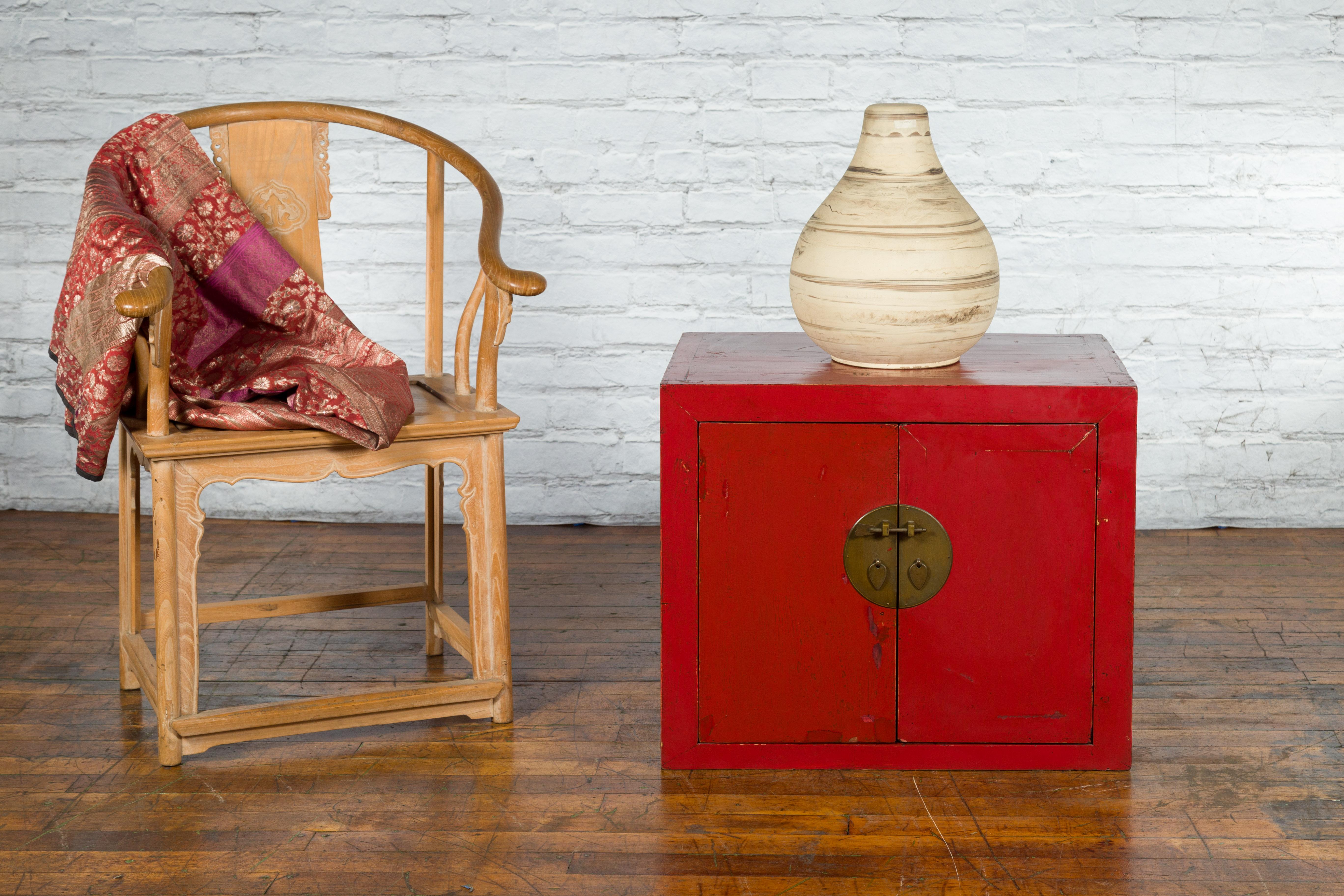 Chinese Early 20th Century Red Lacquer Low Cabinet with Original Brass Hardware In Good Condition In Yonkers, NY