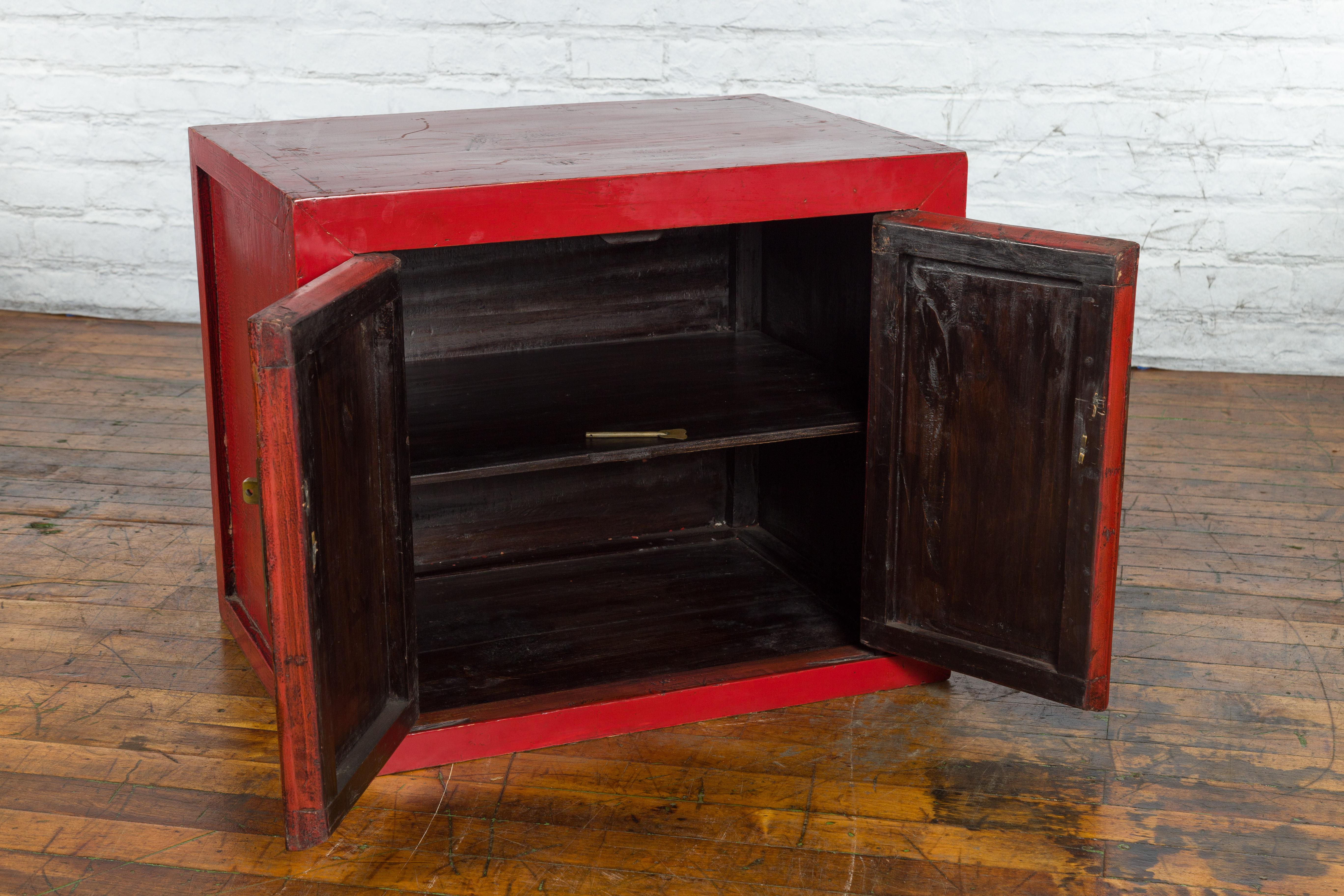 Chinese Early 20th Century Red Lacquer Low Cabinet with Original Brass Hardware 1