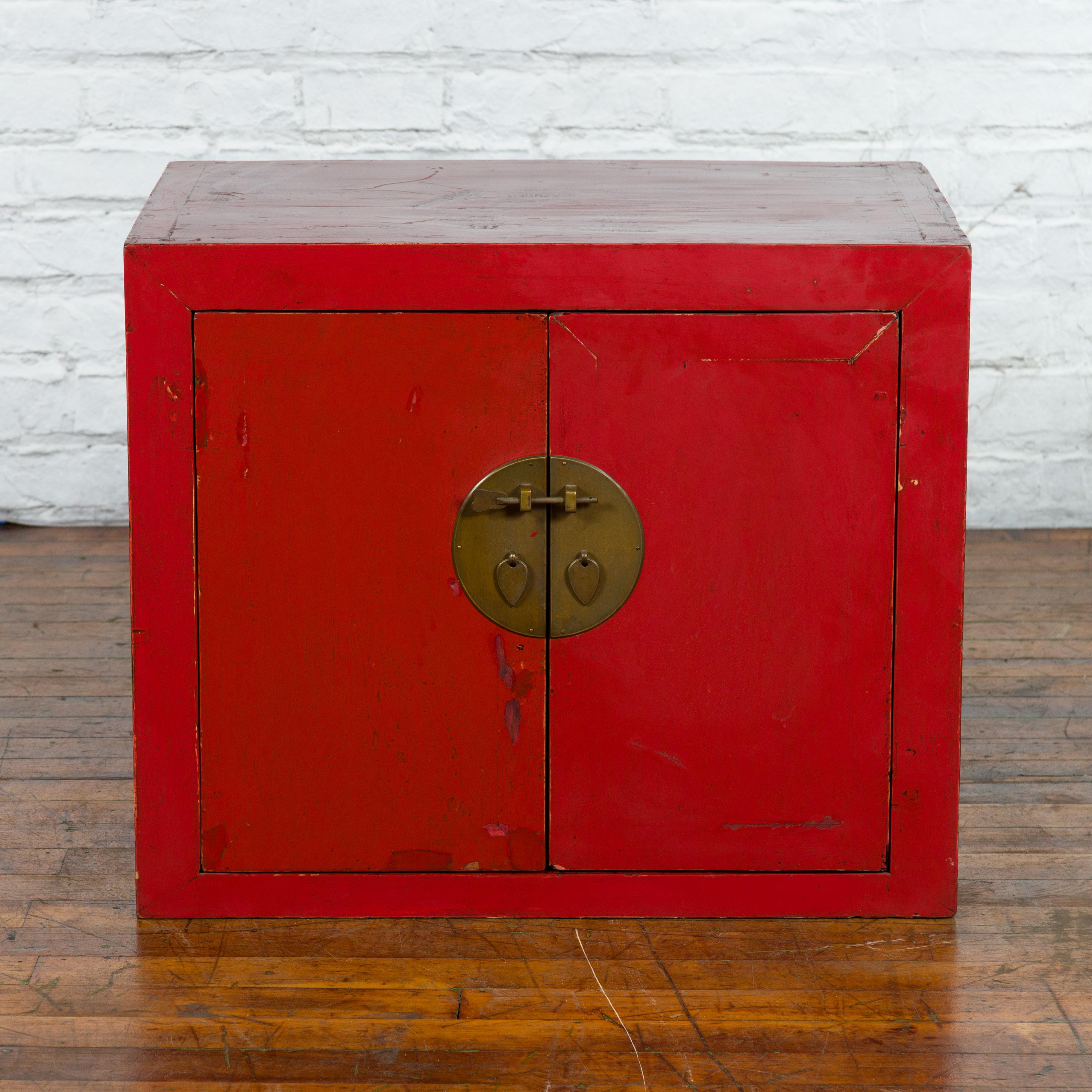 Chinese Early 20th Century Red Lacquer Low Cabinet with Original Brass Hardware 2