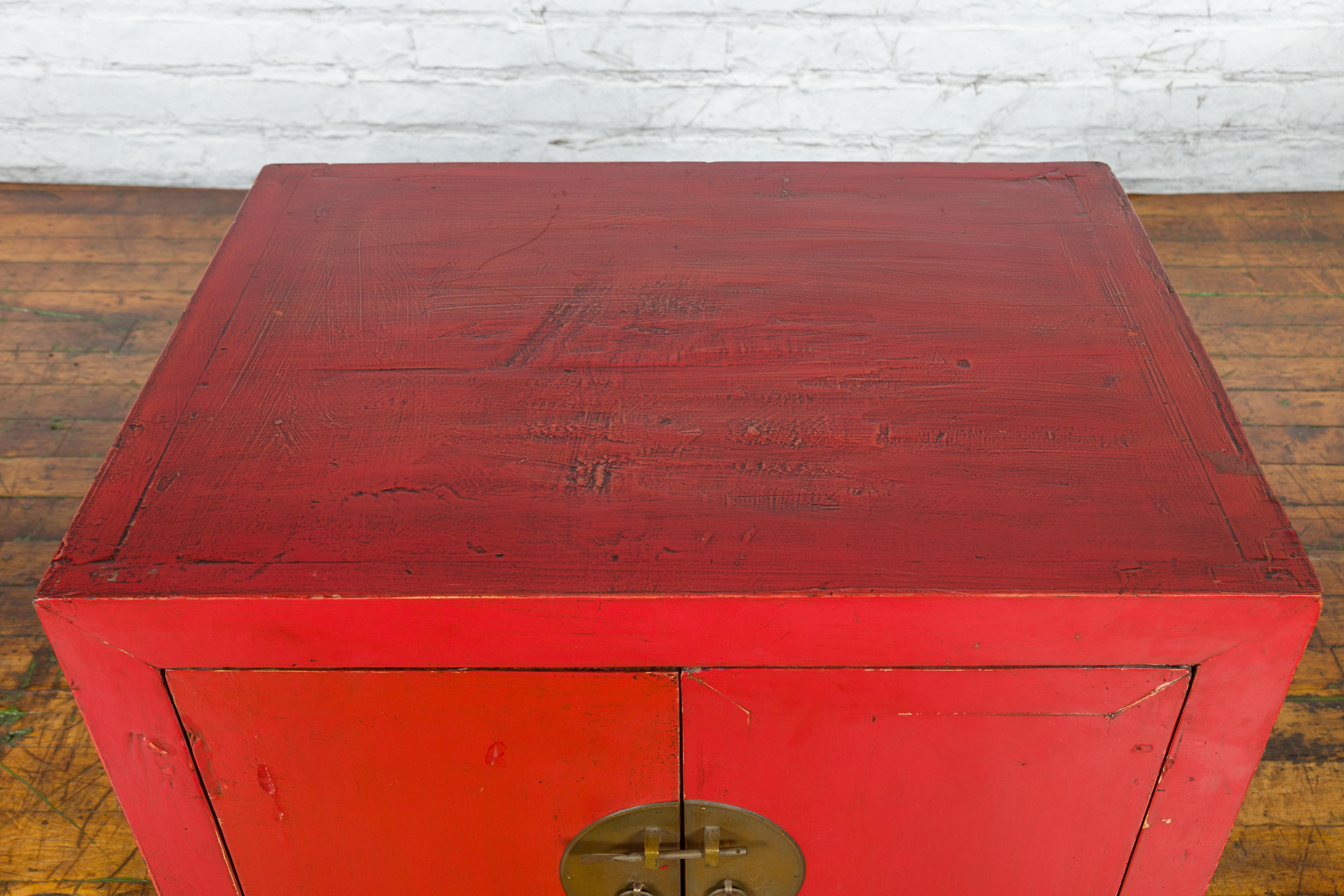 Chinese Early 20th Century Red Lacquer Low Cabinet with Original Brass Hardware 3