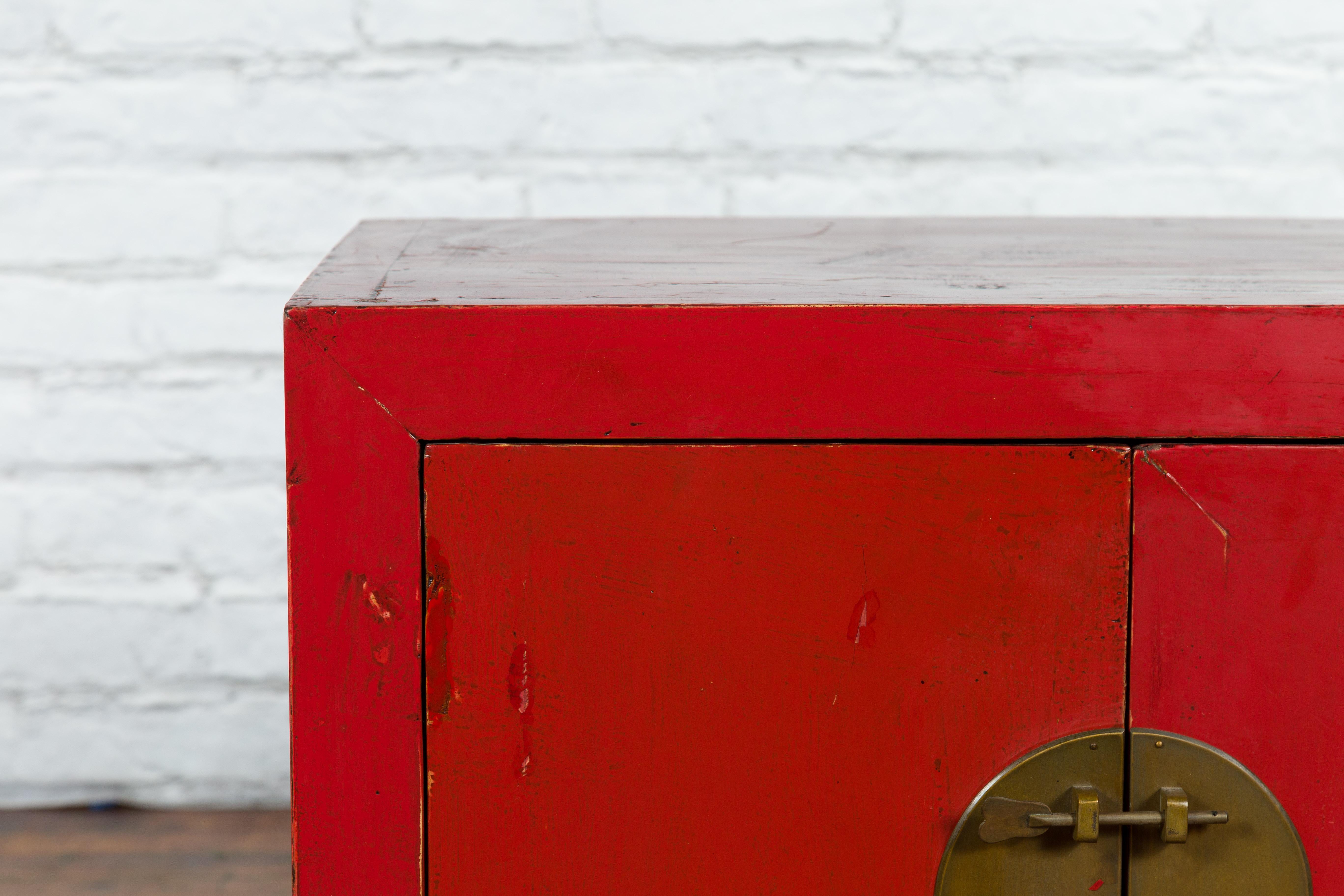 Chinese Early 20th Century Red Lacquer Low Cabinet with Original Brass Hardware 4