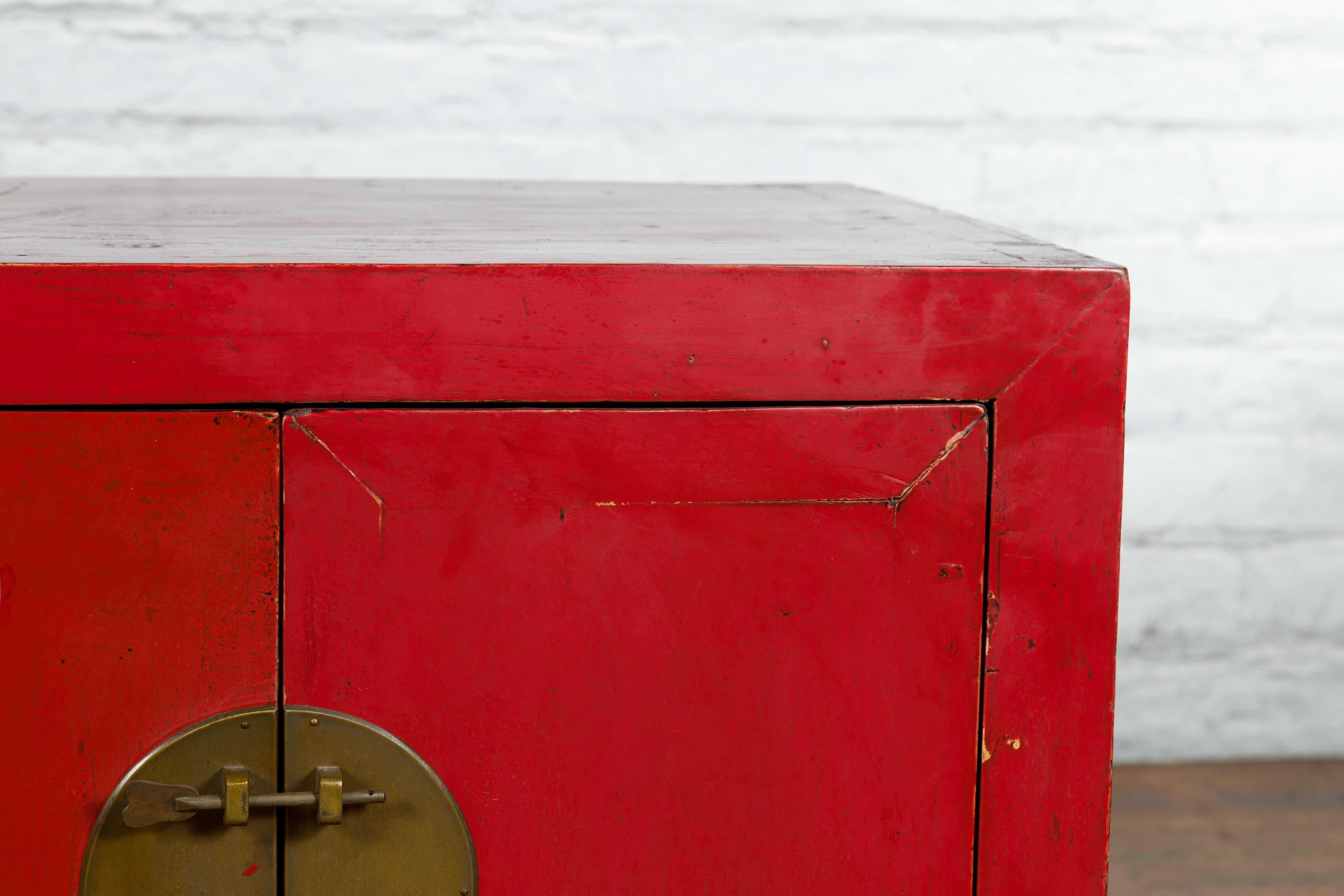 Chinese Early 20th Century Red Lacquer Low Cabinet with Original Brass Hardware 5