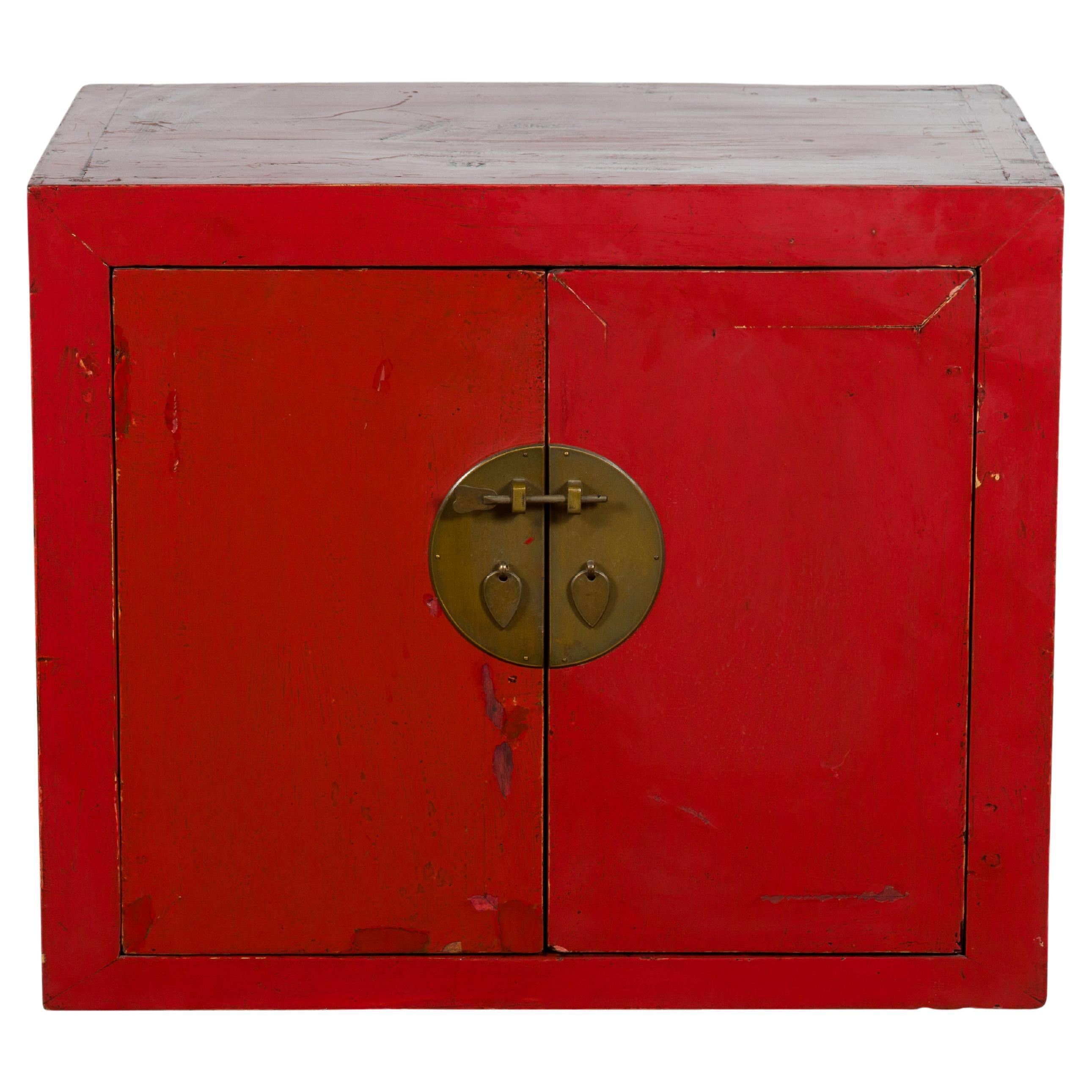 Chinese Early 20th Century Red Lacquer Low Cabinet with Original Brass Hardware
