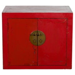 Antique Chinese Early 20th Century Red Lacquer Low Cabinet with Original Brass Hardware