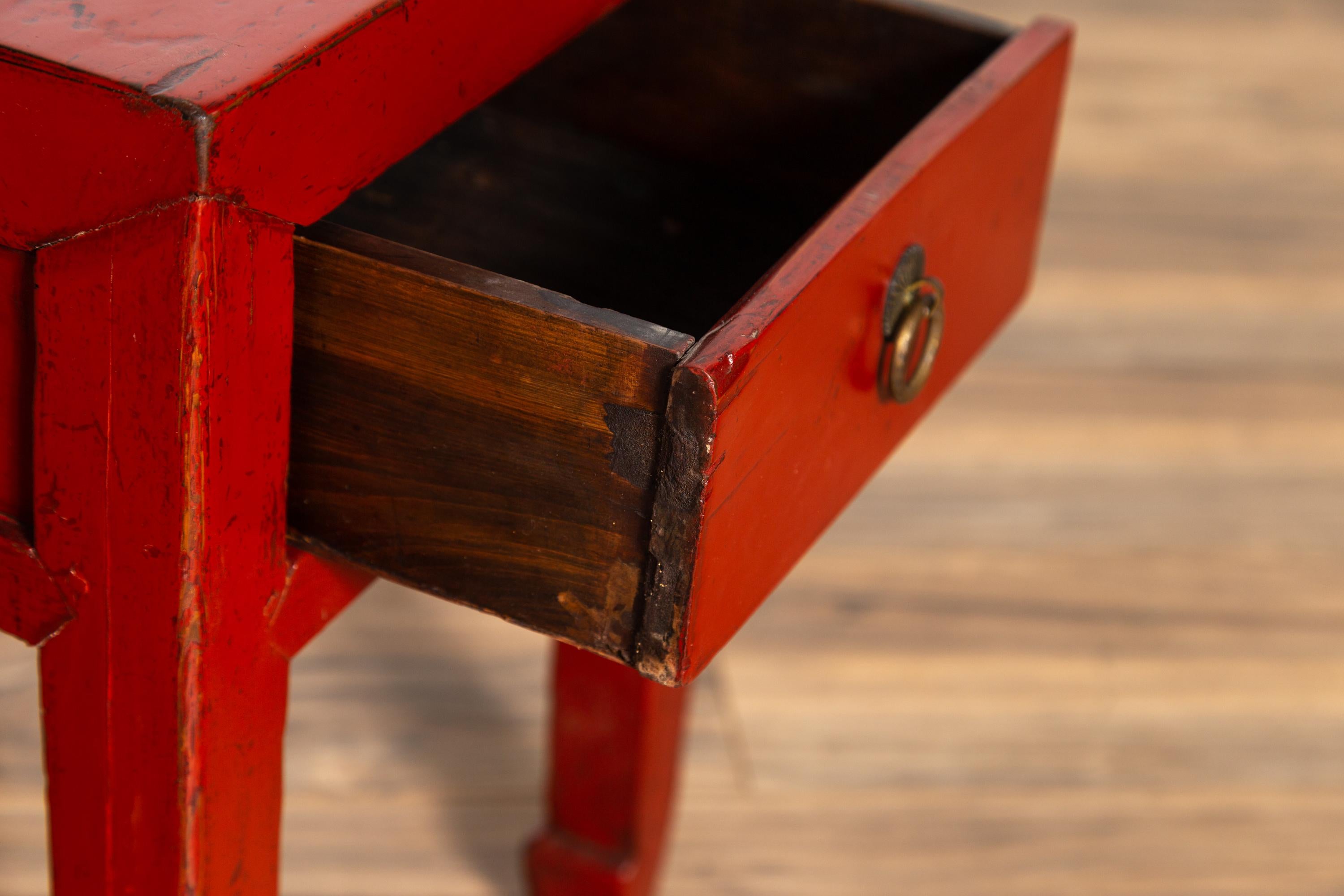 Chinese Early 20th Century Red Lacquer Stool with Drawer and Horse-Hoof Legs 5