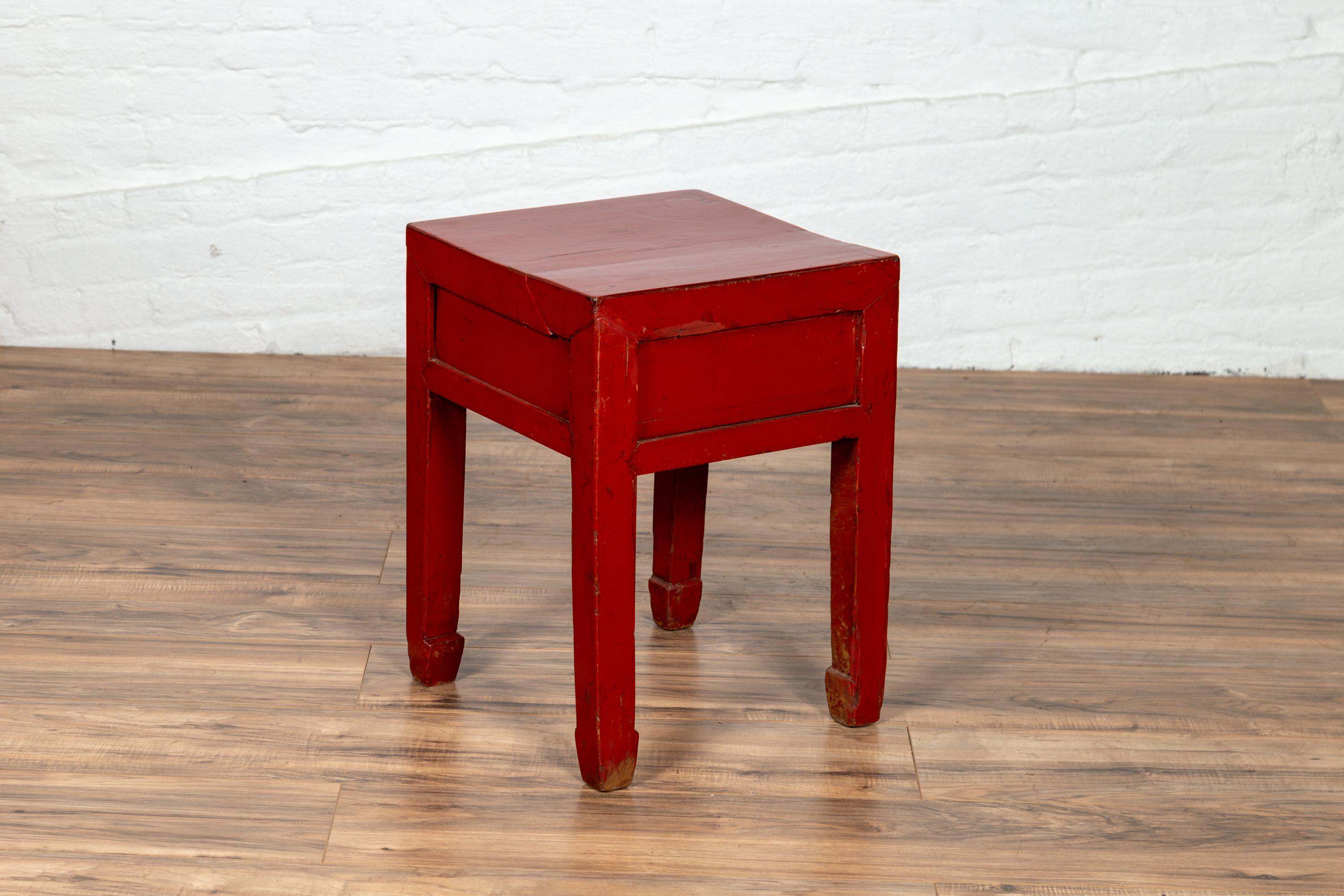 Chinese Early 20th Century Red Lacquer Stool with Drawer and Horse-Hoof Legs 6