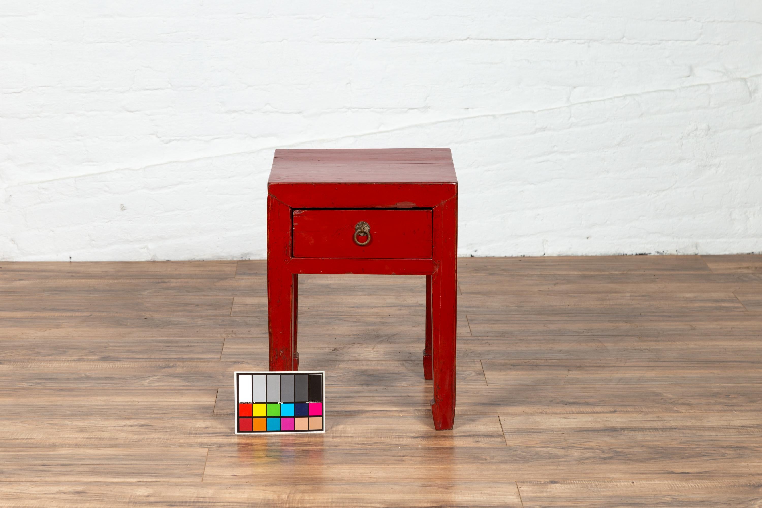 Chinese Early 20th Century Red Lacquer Stool with Drawer and Horse-Hoof Legs 7