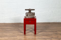 Chinese Early 20th Century Red Lacquer Stool with Drawer and Horse-Hoof Legs