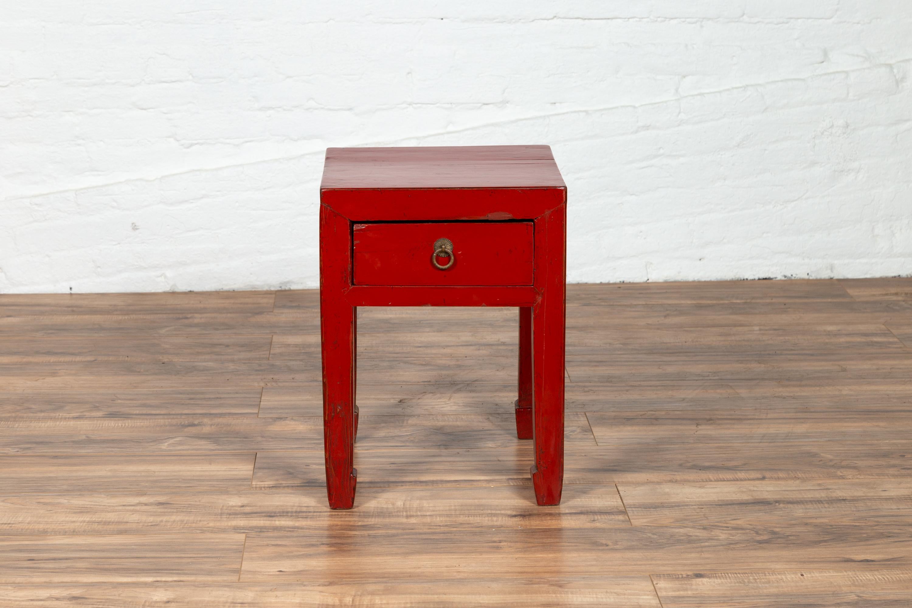 Lacquered Chinese Early 20th Century Red Lacquer Stool with Drawer and Horse-Hoof Legs
