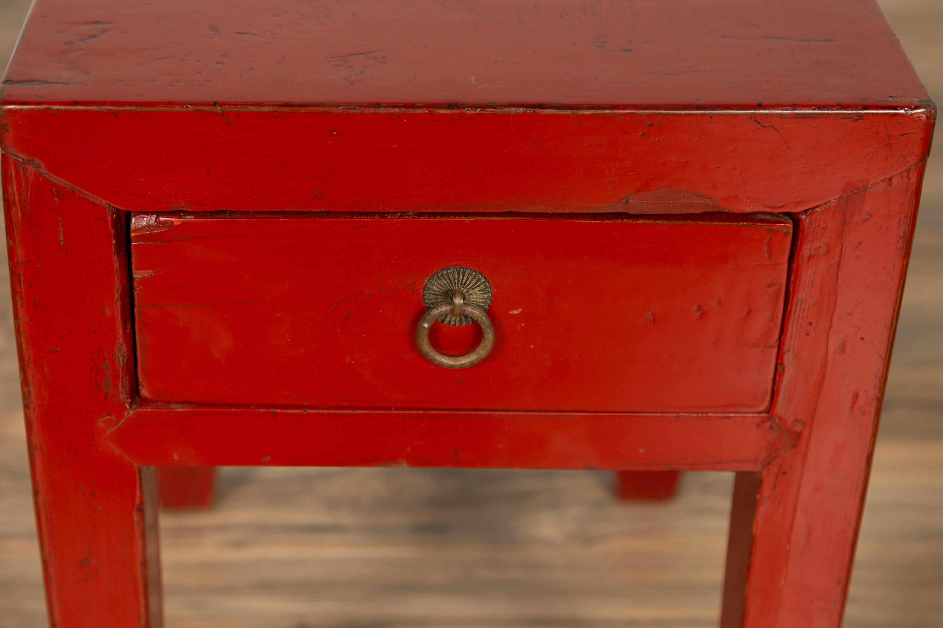 Wood Chinese Early 20th Century Red Lacquer Stool with Drawer and Horse-Hoof Legs