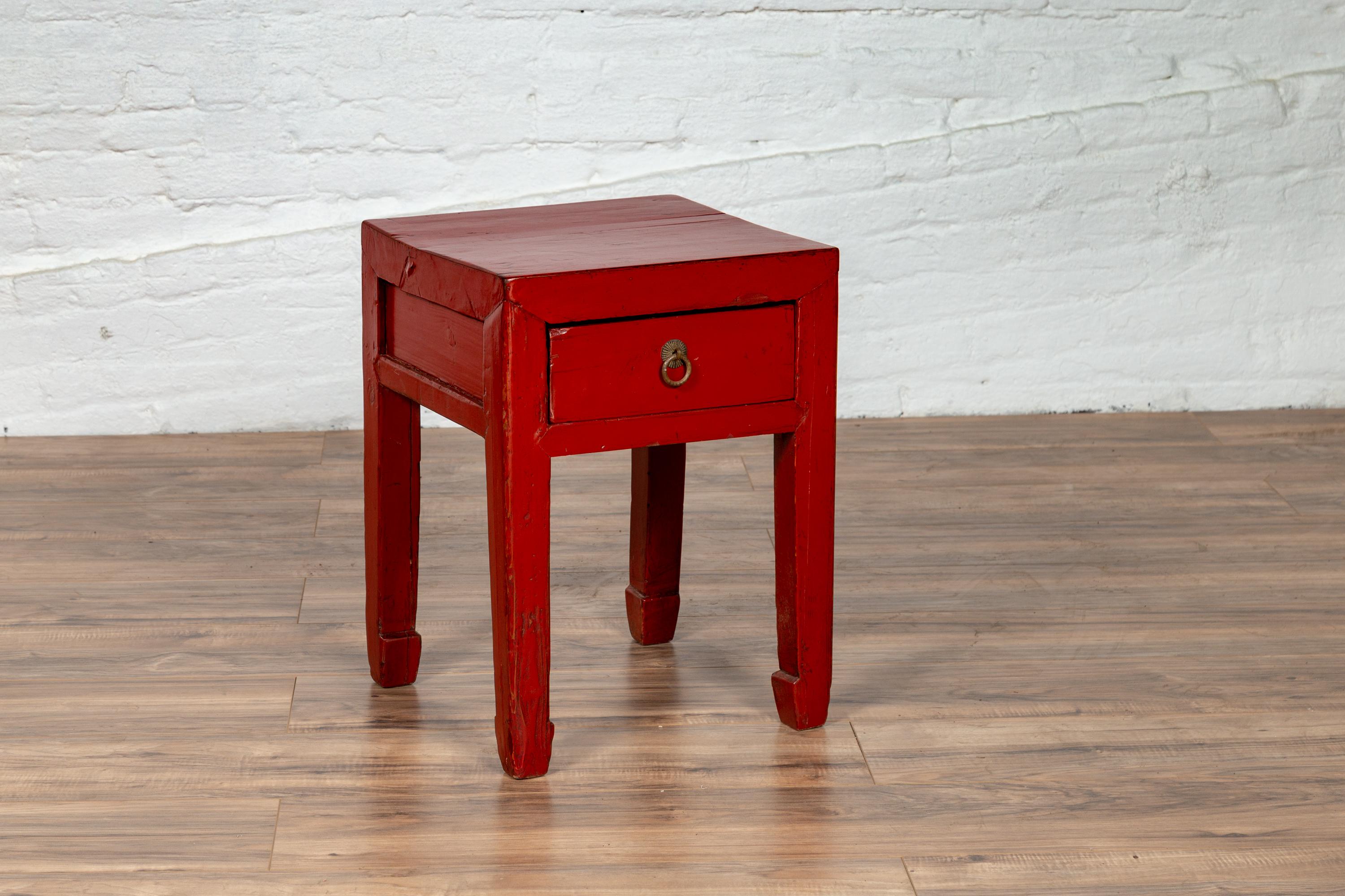 Chinese Early 20th Century Red Lacquer Stool with Drawer and Horse-Hoof Legs 1