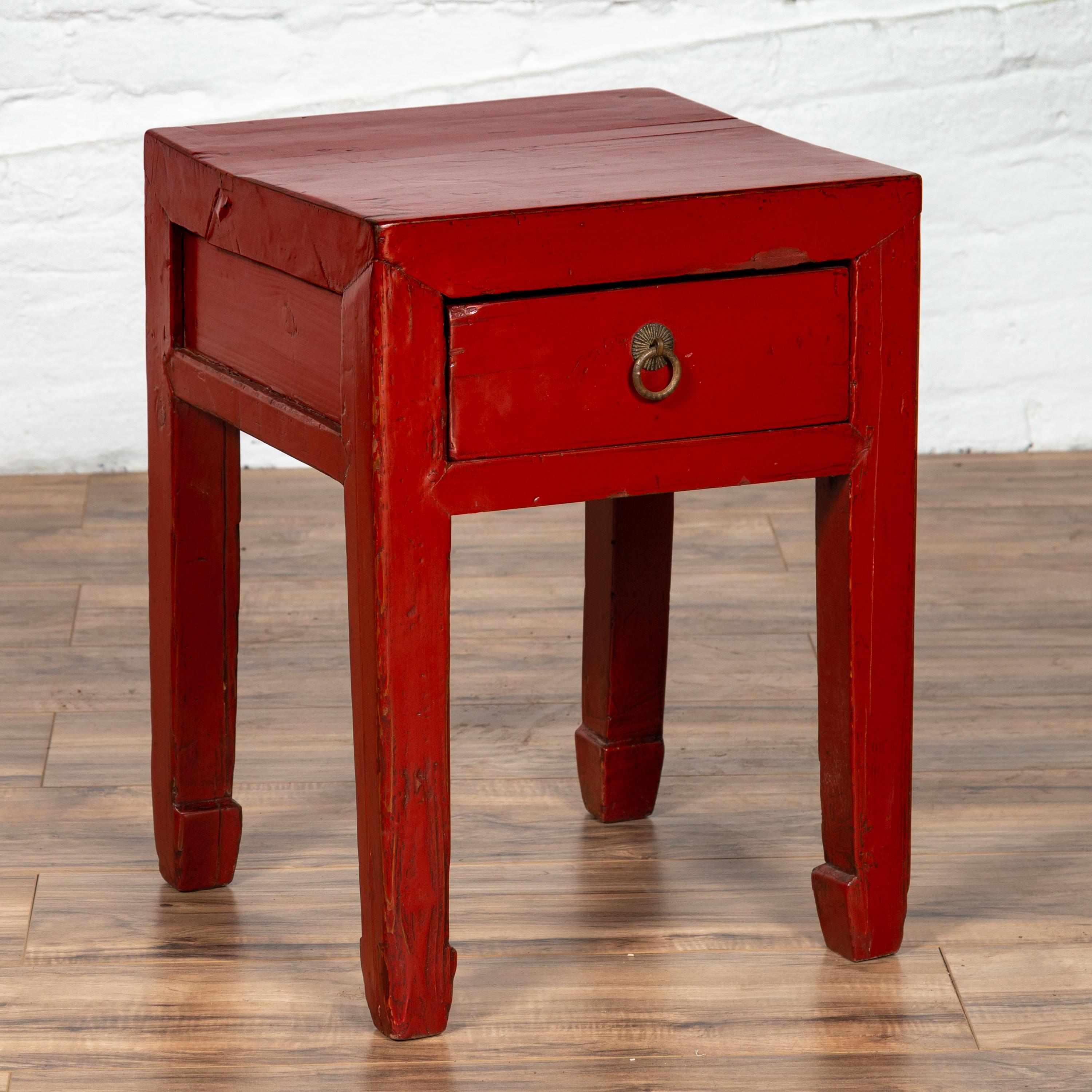 Chinese Early 20th Century Red Lacquer Stool with Drawer and Horse-Hoof Legs 2