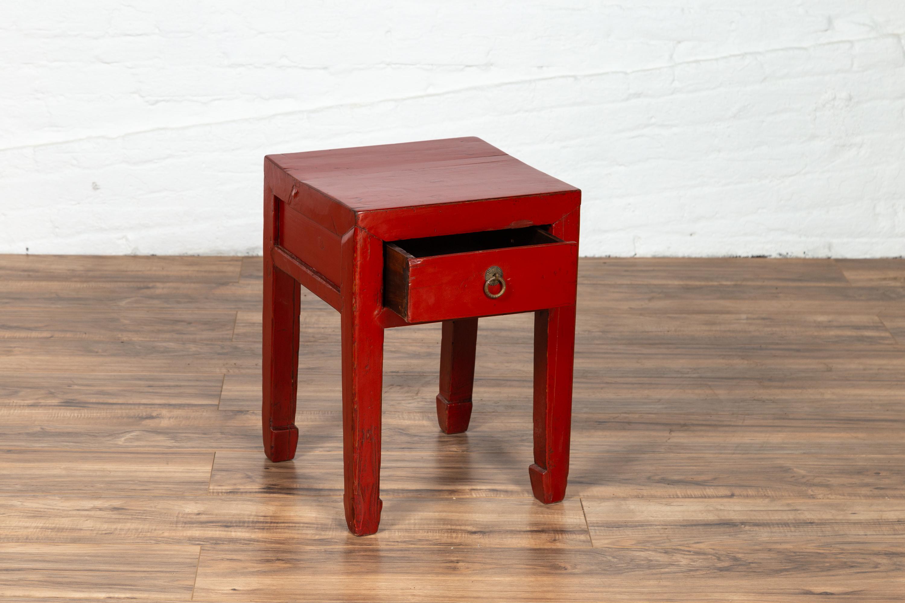 Chinese Early 20th Century Red Lacquer Stool with Drawer and Horse-Hoof Legs 3