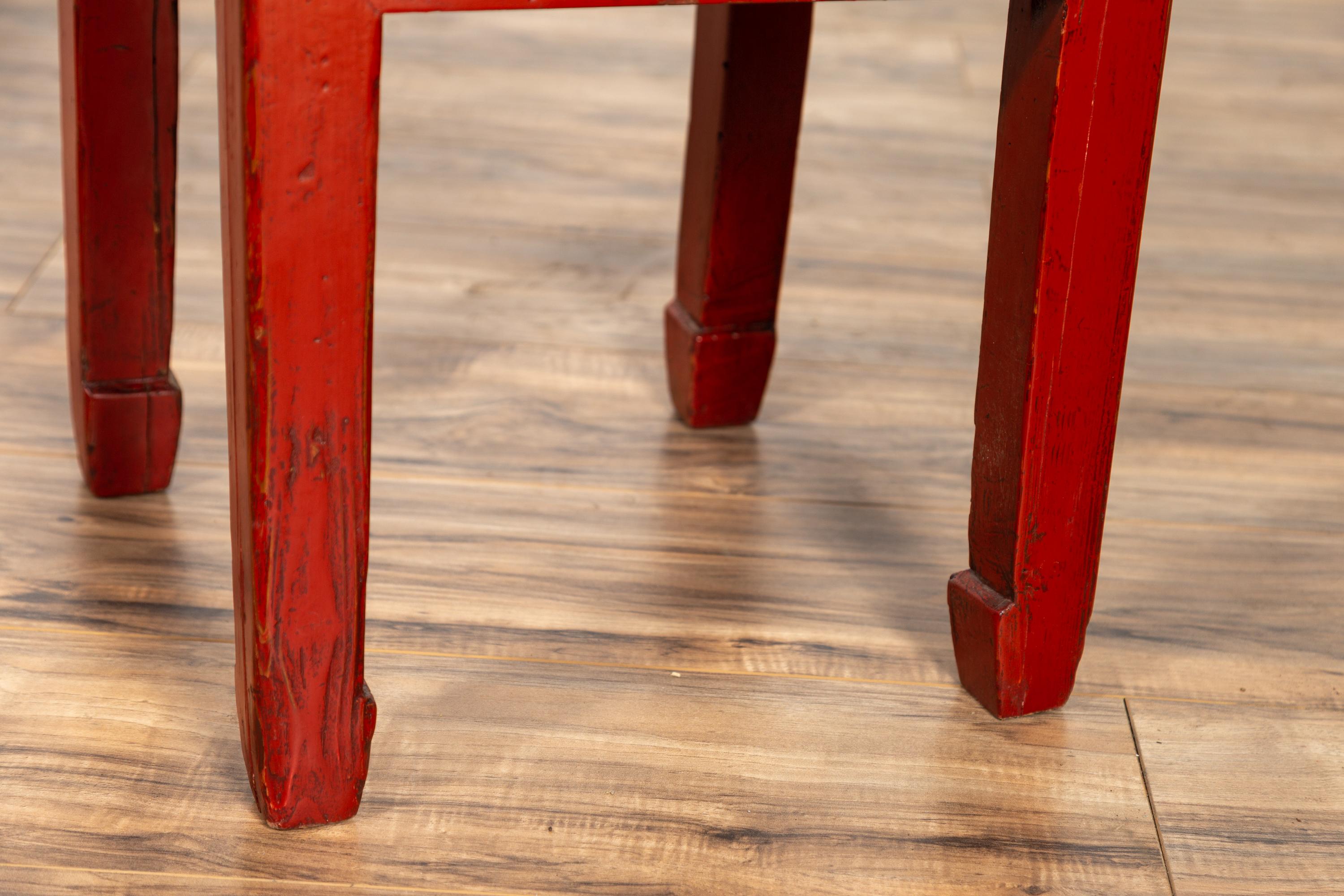 Chinese Early 20th Century Red Lacquer Stool with Drawer and Horse-Hoof Legs 4