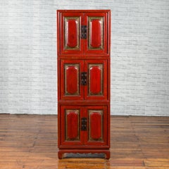 Chinese Early 20th Century Red Lacquer Three-Section Stackable Cabinet