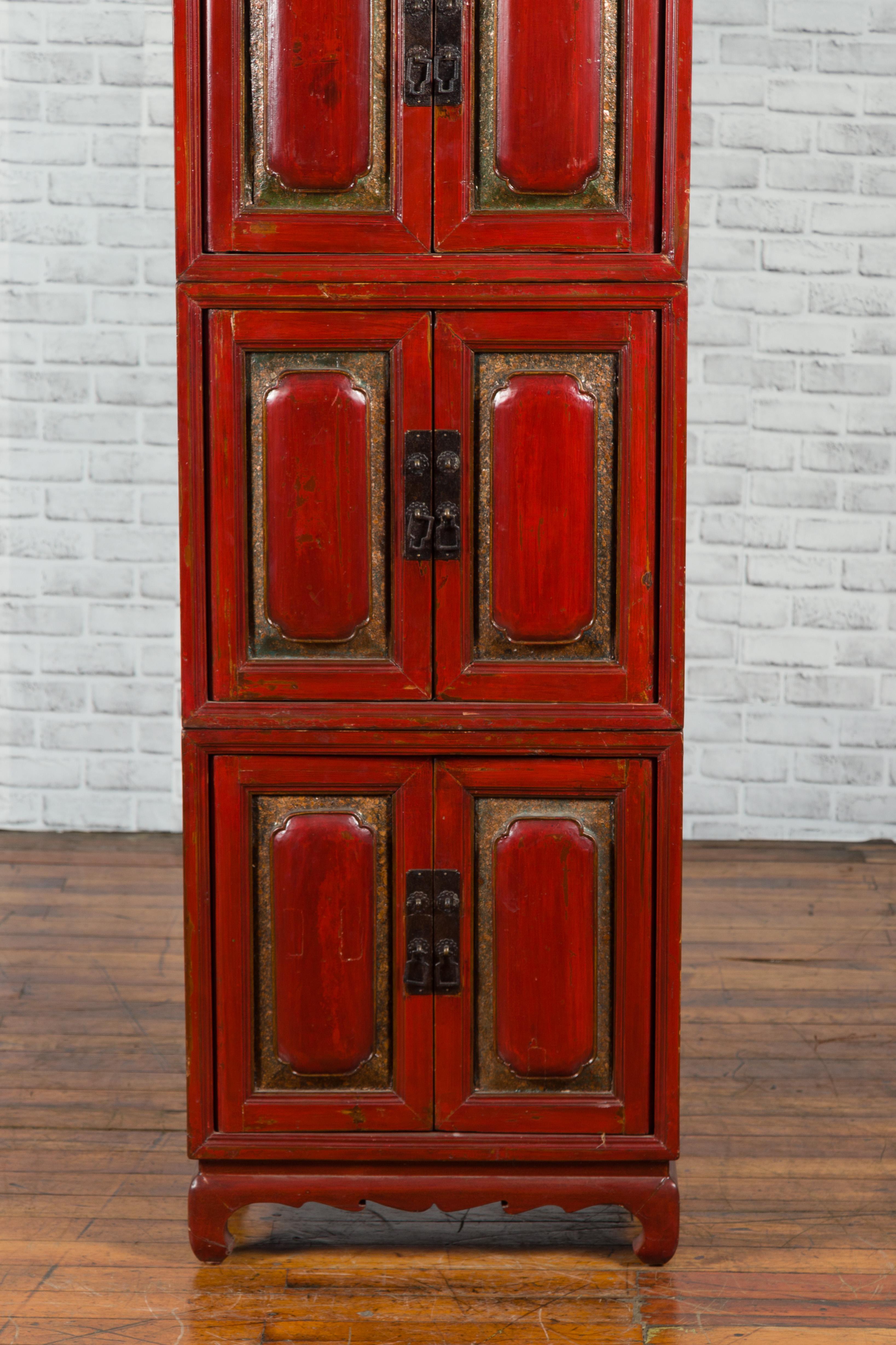 Lacquered Chinese Early 20th Century Red Lacquer Three-Section Stackable Cabinet For Sale