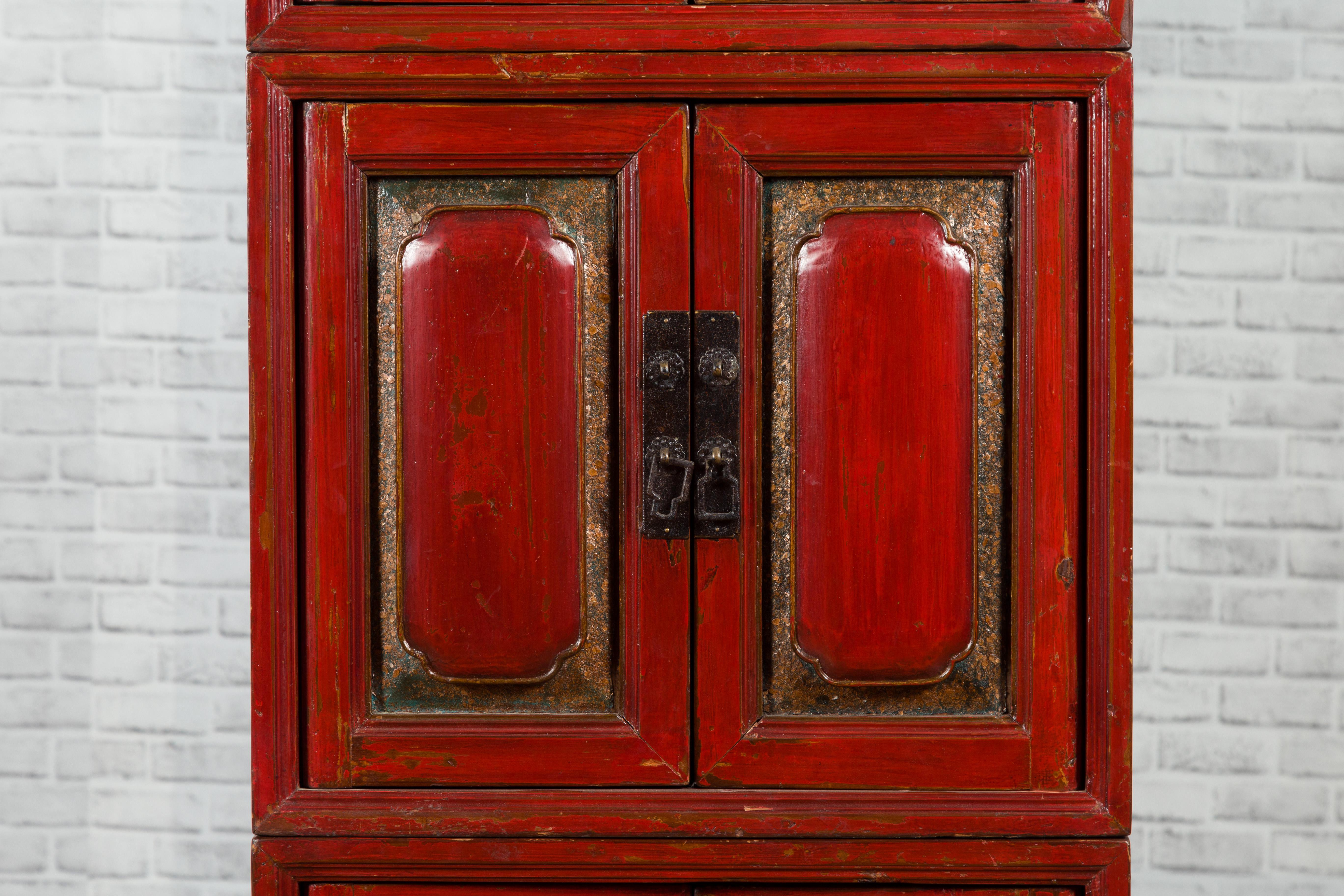 Wood Chinese Early 20th Century Red Lacquer Three-Section Stackable Cabinet For Sale