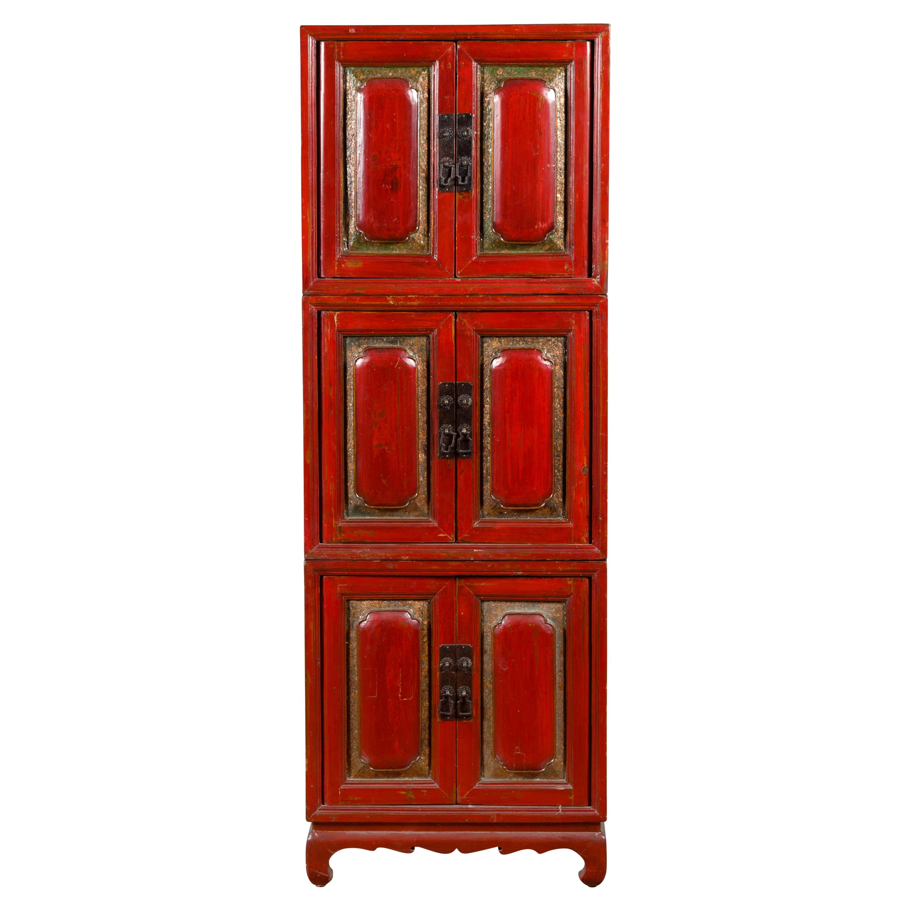 Chinese Early 20th Century Red Lacquer Three-Section Stackable Cabinet