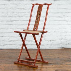 Chinese Early 20th Century Red Lacquer Traveller's Folding Chair with Woven Seat