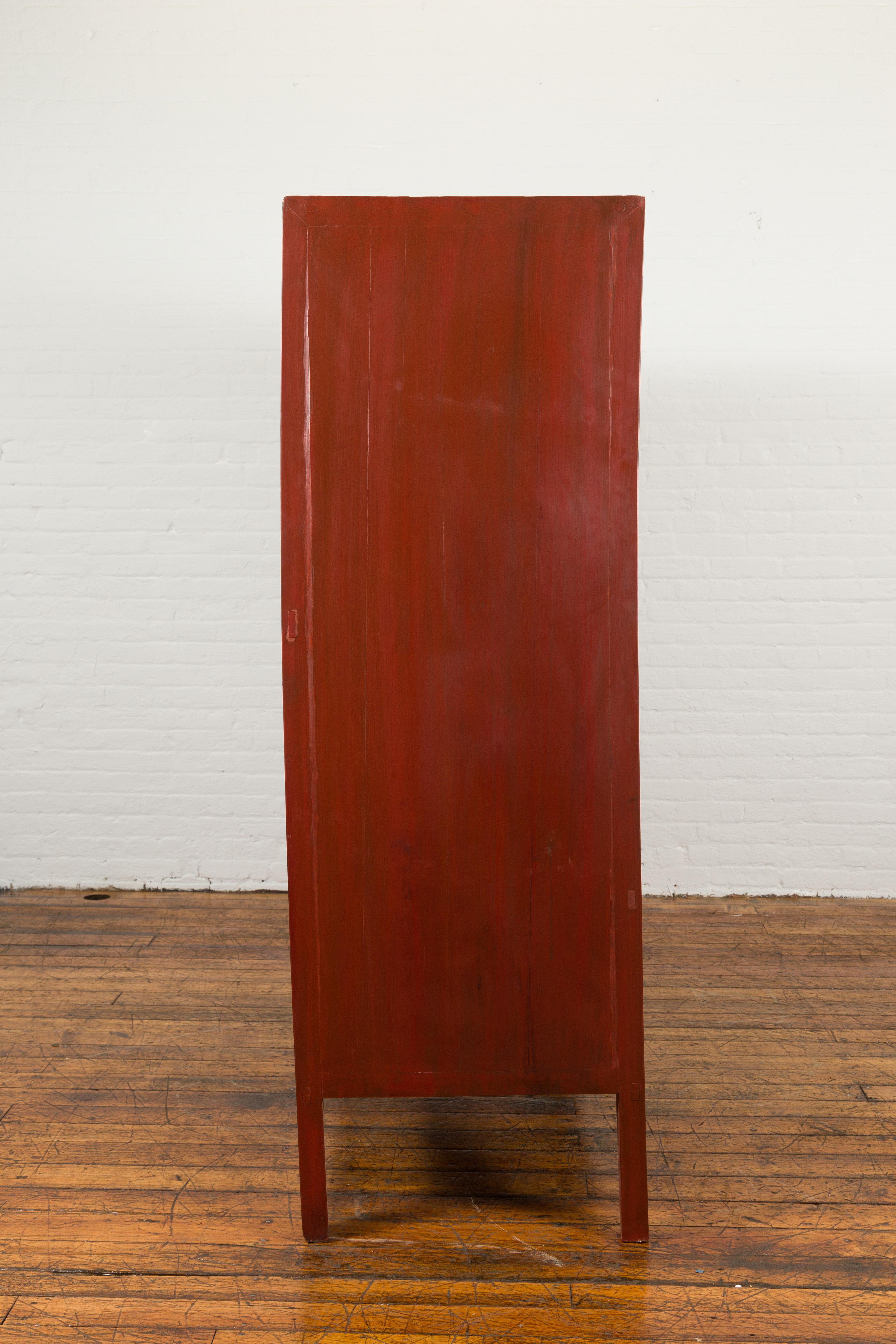 Chinese Early 20th Century Red Lacquered Display Cabinet with Three Drawers For Sale 8