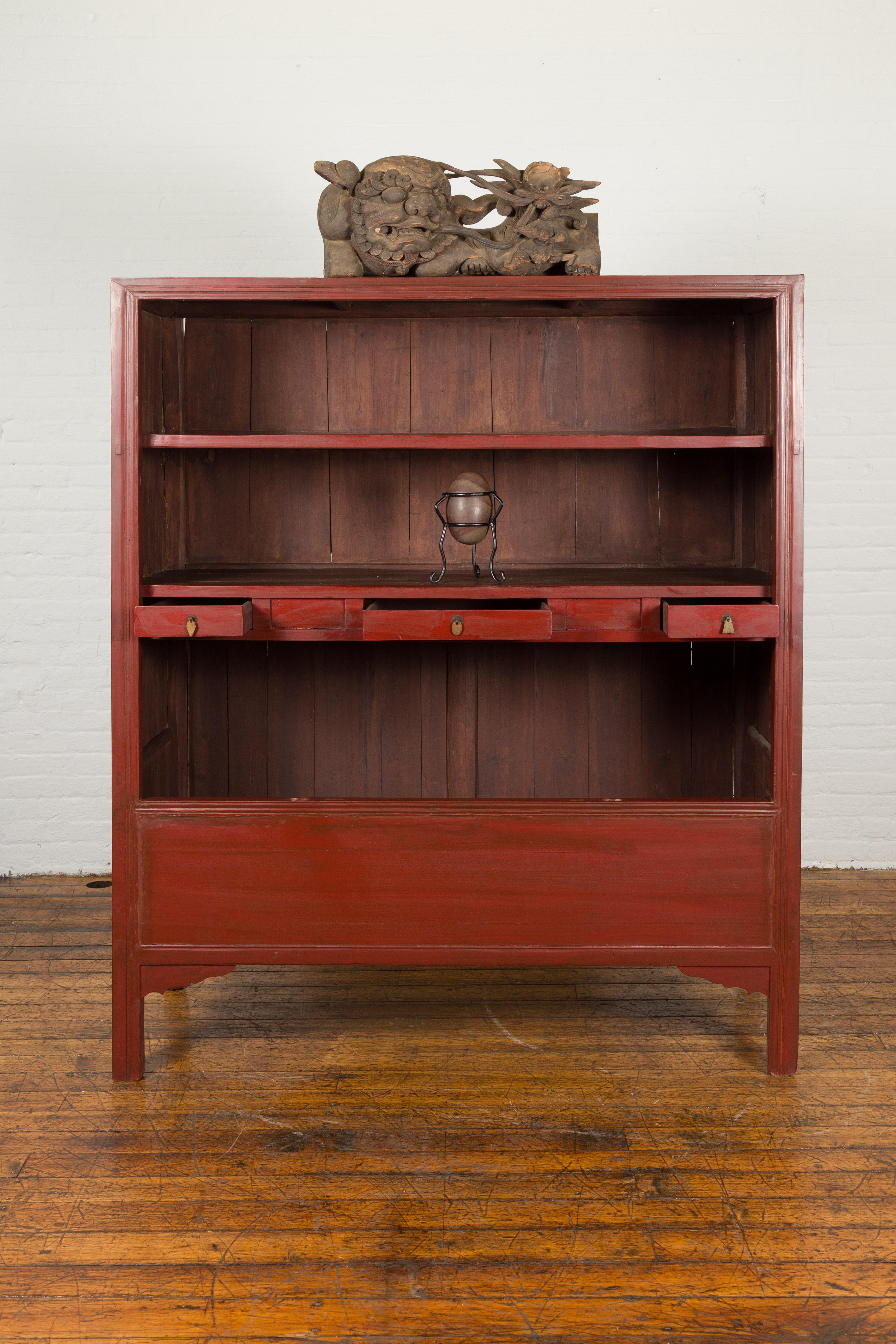 Wood Chinese Early 20th Century Red Lacquered Display Cabinet with Three Drawers For Sale