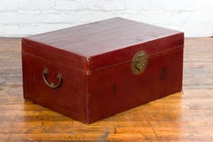 Chinese Early 20th Century Red Lacquered Leather Trunk with Calligraphy