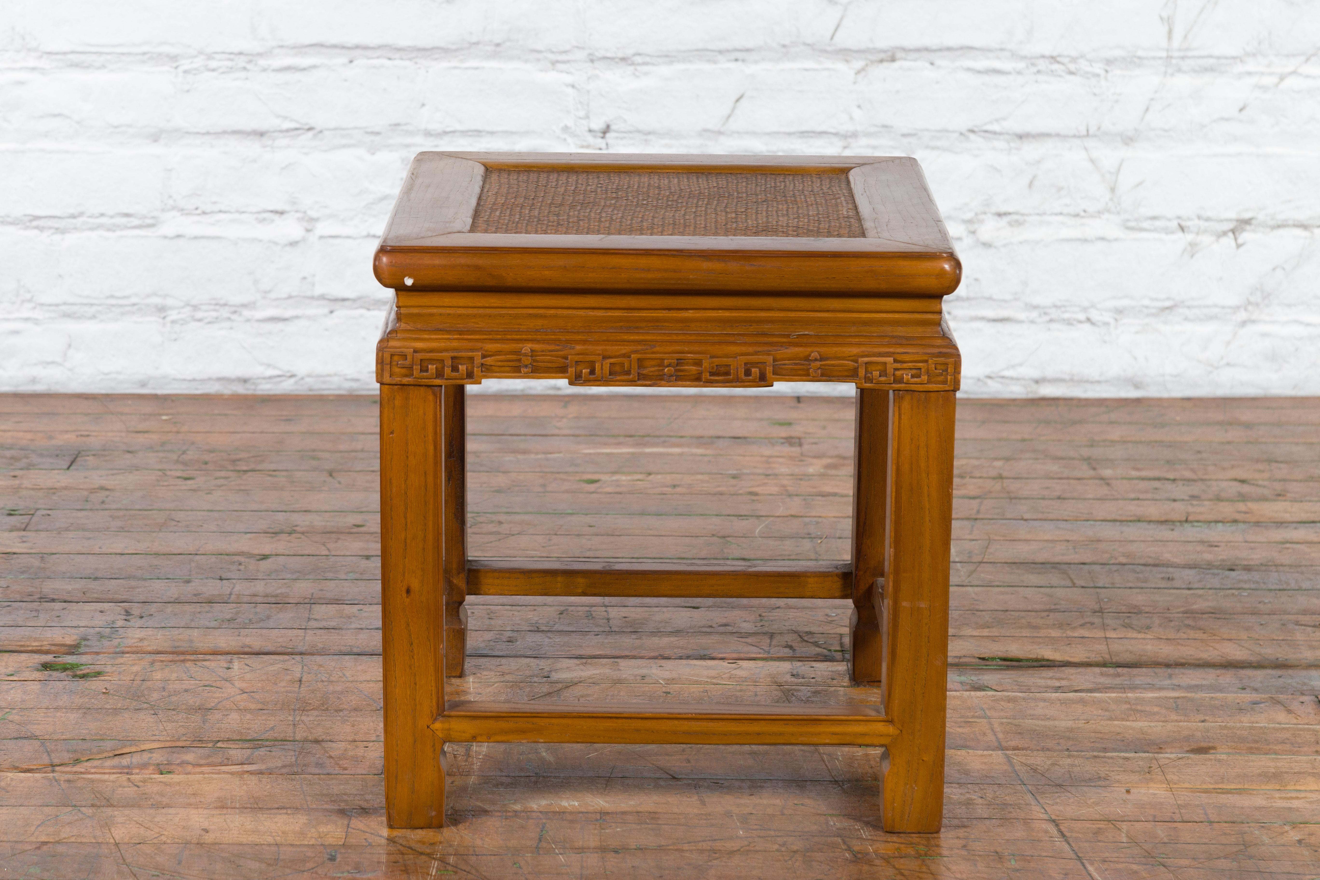 Chinese Early 20th Century Side Table with Carved Apron and Woven Rattan Top For Sale 8
