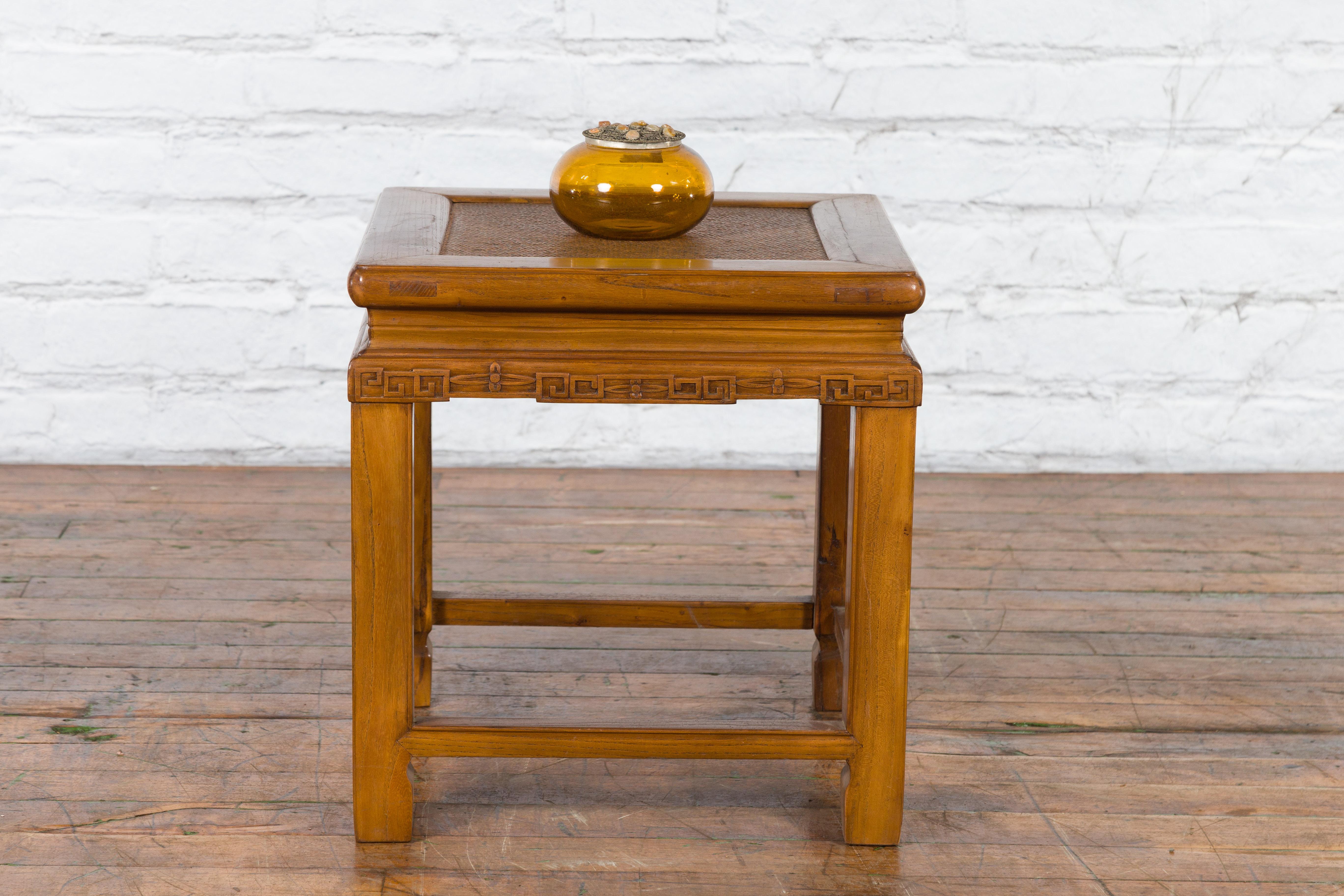 Chinese Early 20th Century Side Table with Carved Apron and Woven Rattan Top For Sale 1
