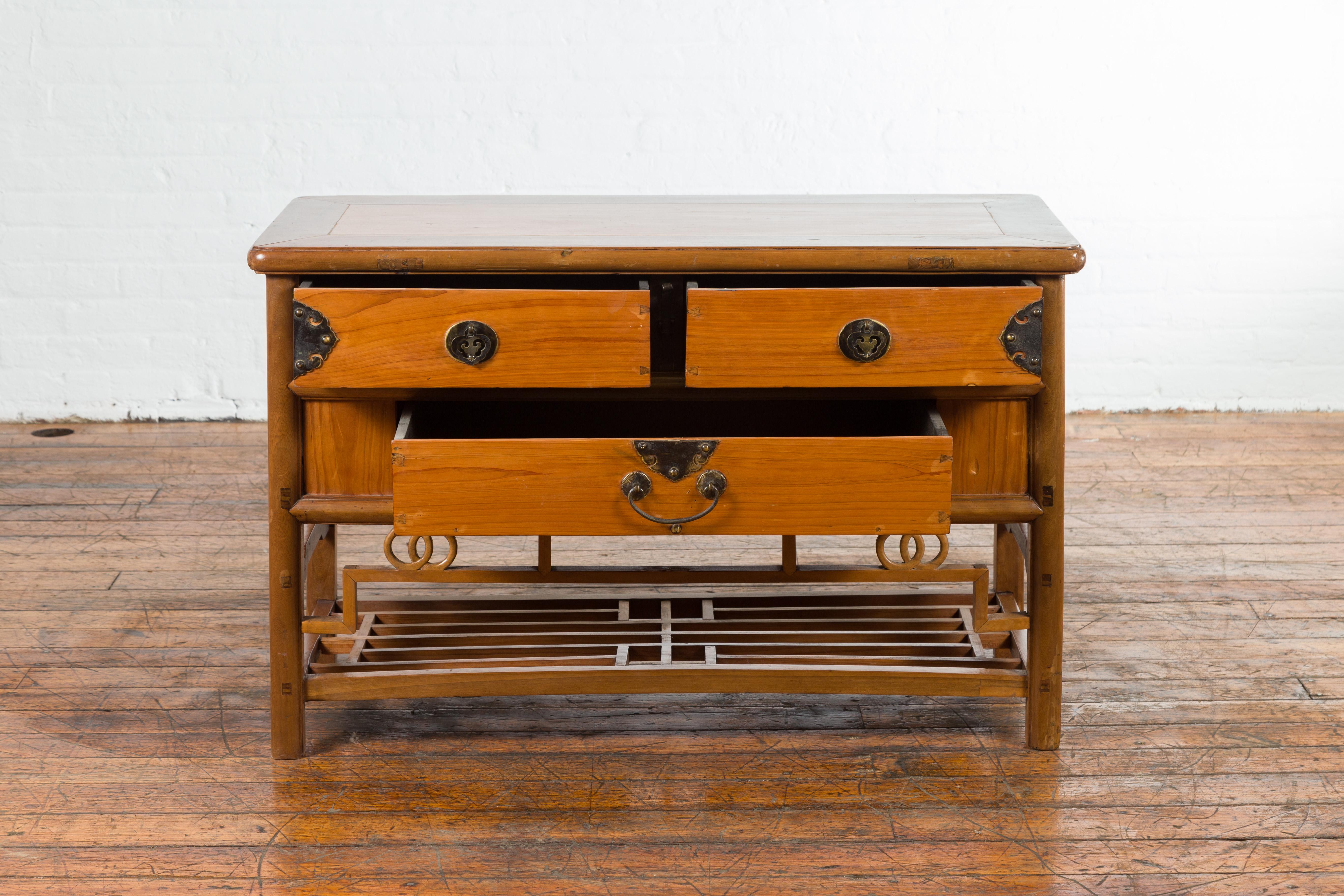 Chinese Early 20th Century Sideboard with Three Drawers and Natural Finish For Sale 7