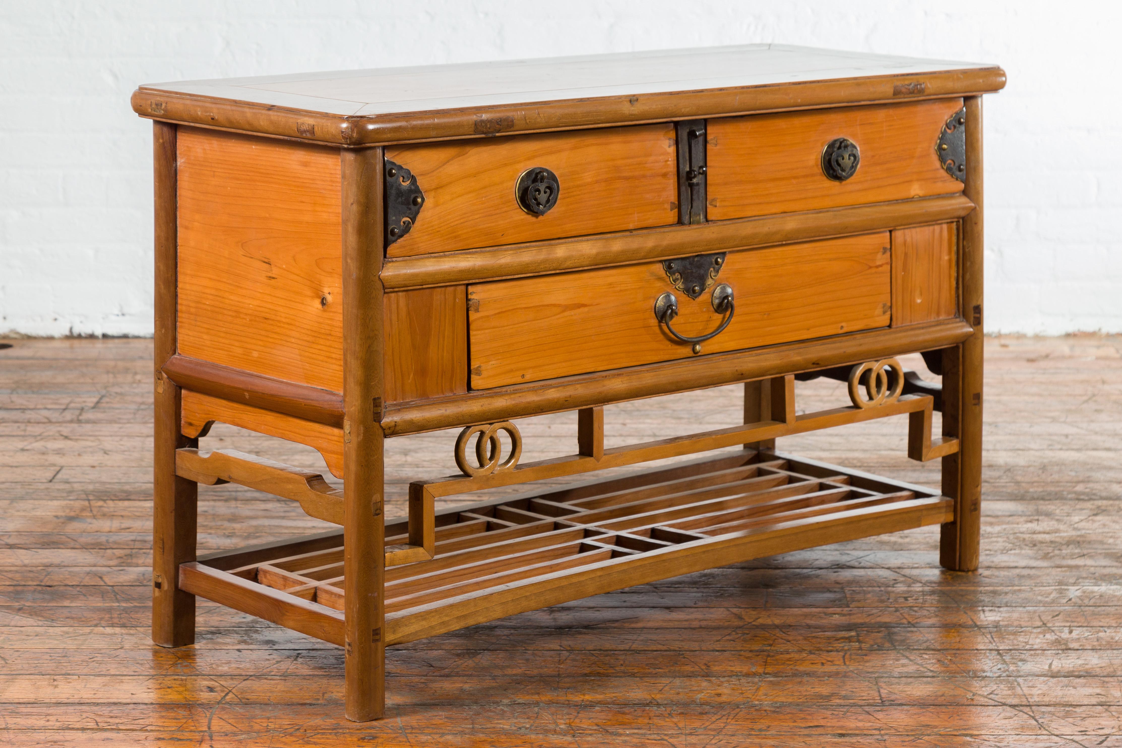 Chinese Early 20th Century Sideboard with Three Drawers and Natural Finish In Good Condition For Sale In Yonkers, NY