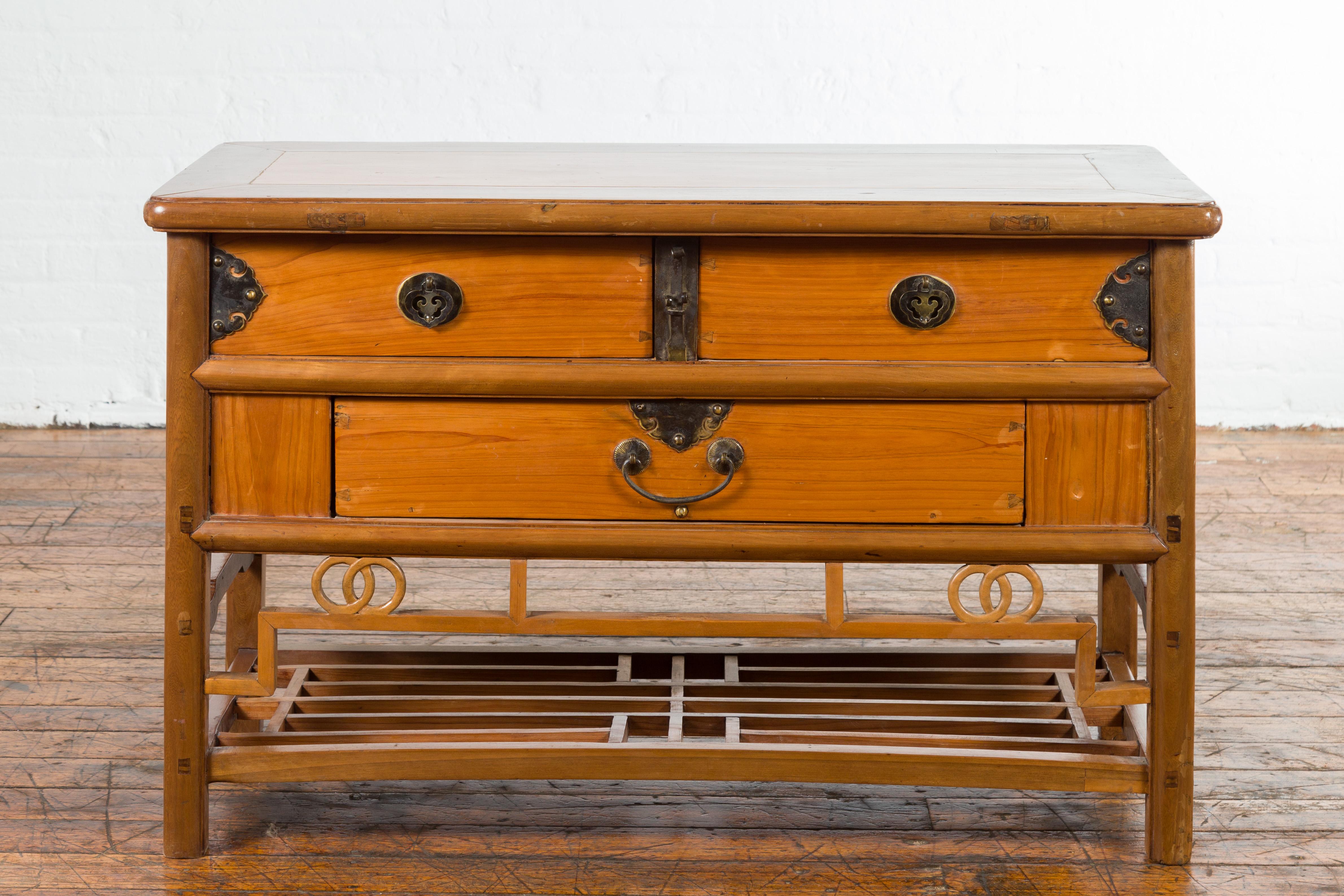 Wood Chinese Early 20th Century Sideboard with Three Drawers and Natural Finish For Sale