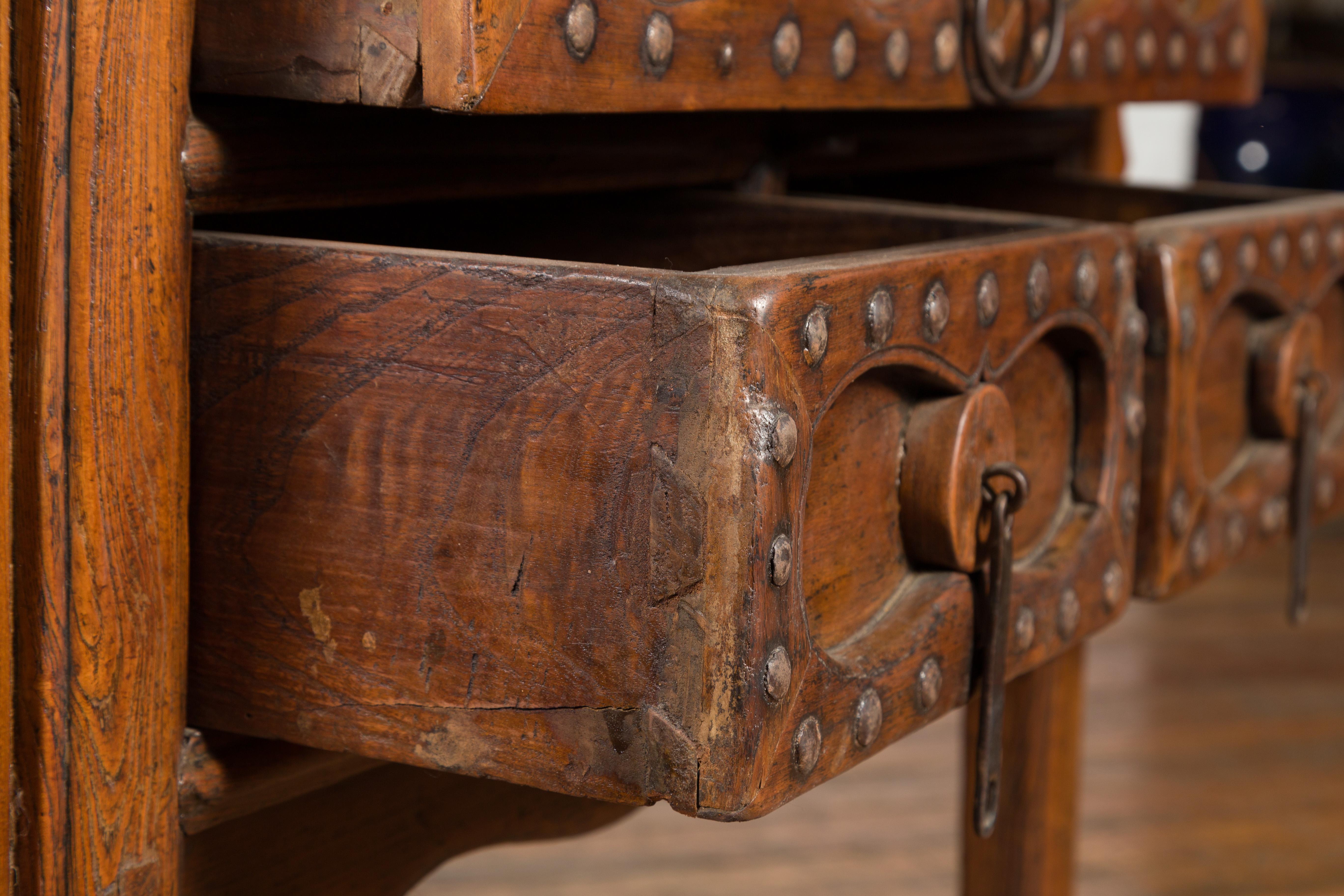 Chinese Early 20th Century Table with Three Drawers, Studs and Carved Spandrels For Sale 10