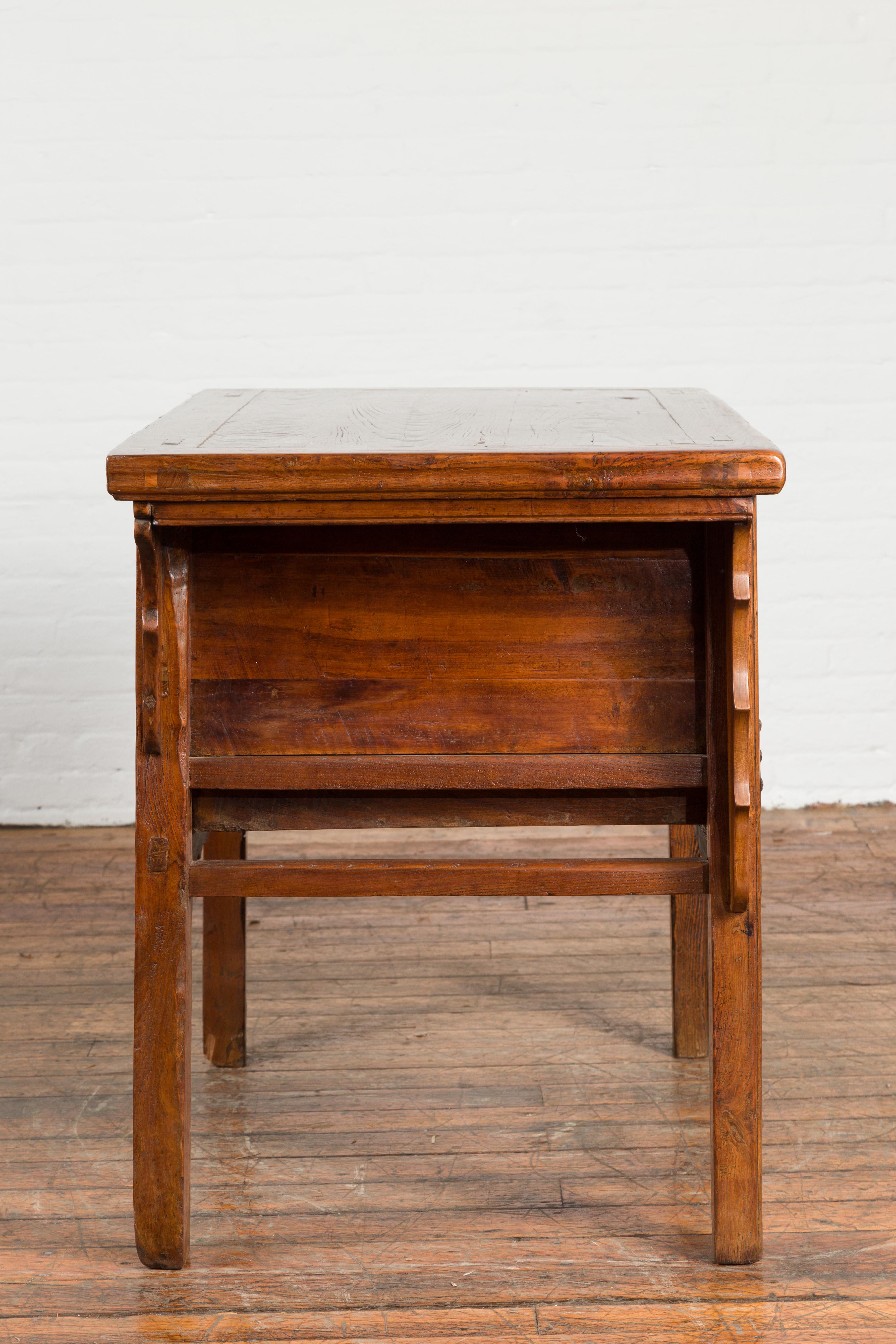 Chinese Early 20th Century Table with Three Drawers, Studs and Carved Spandrels For Sale 11