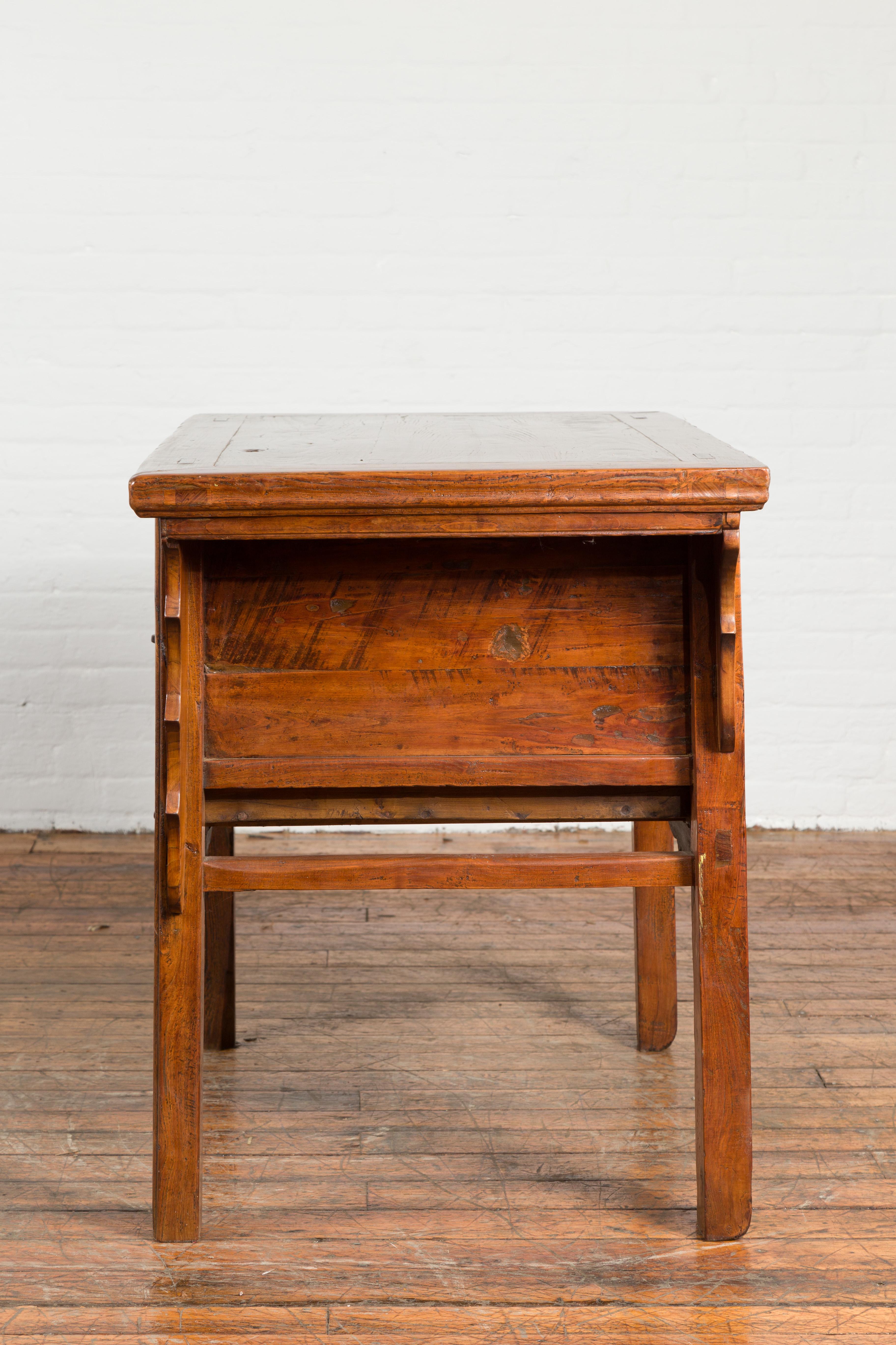 Chinese Early 20th Century Table with Three Drawers, Studs and Carved Spandrels For Sale 13