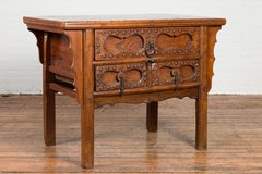 Chinese Early 20th Century Table with Three Drawers, Studs and Carved Spandrels