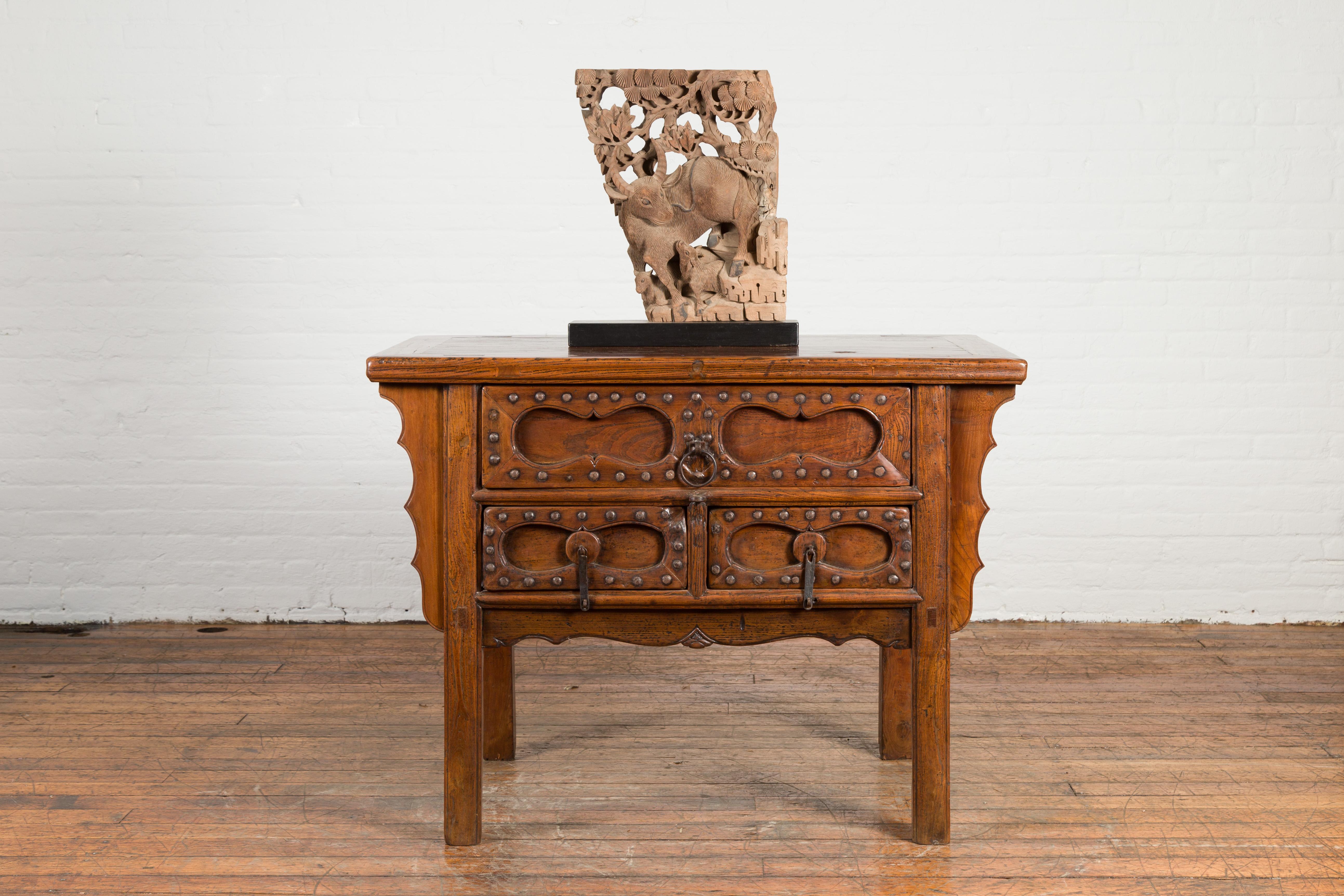 Iron Chinese Early 20th Century Table with Three Drawers, Studs and Carved Spandrels For Sale