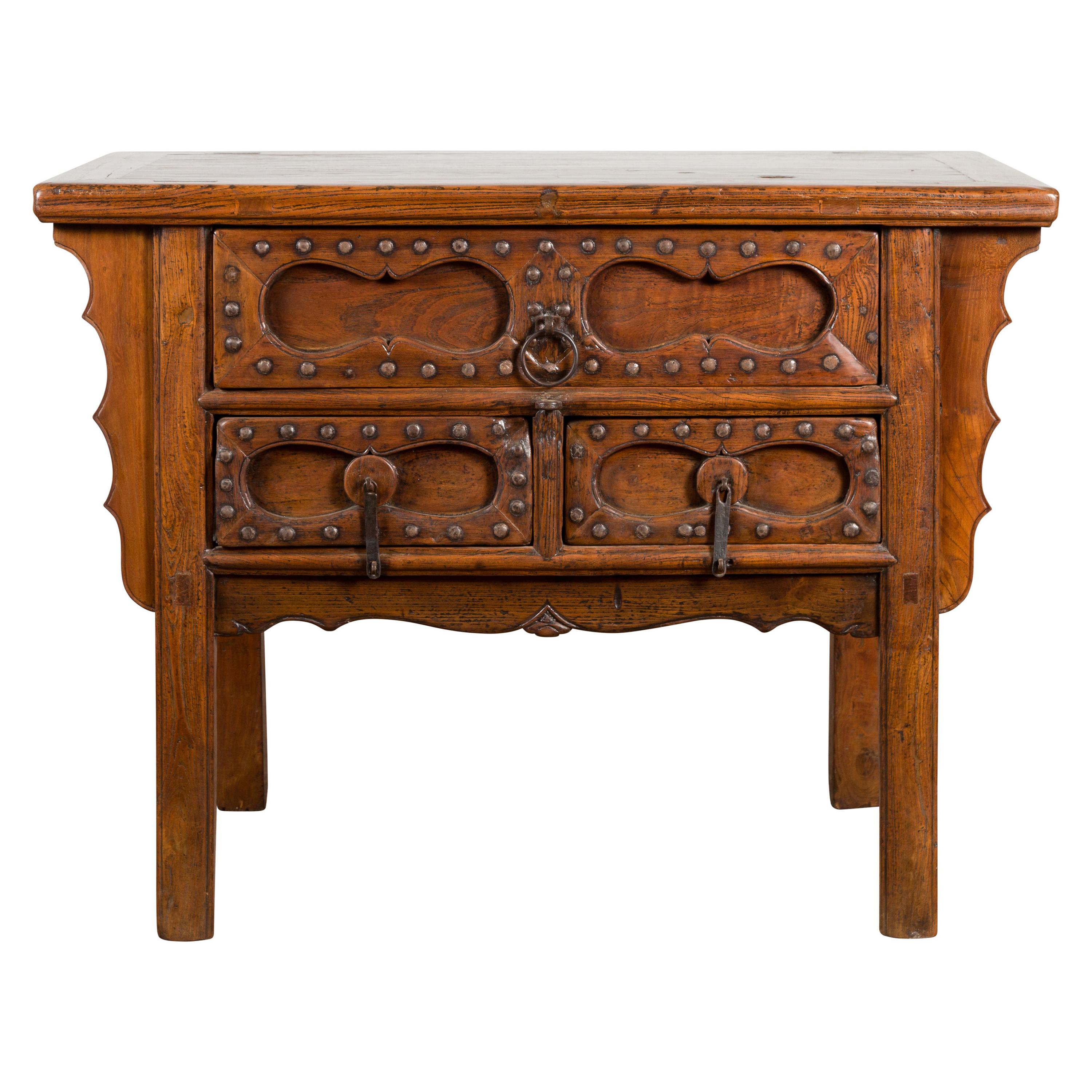 Chinese Early 20th Century Table with Three Drawers, Studs and Carved Spandrels For Sale