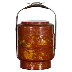 Chinese Early 20th Century Three-Tiered Red Lacquer Lunch Basket with Gilt Décor