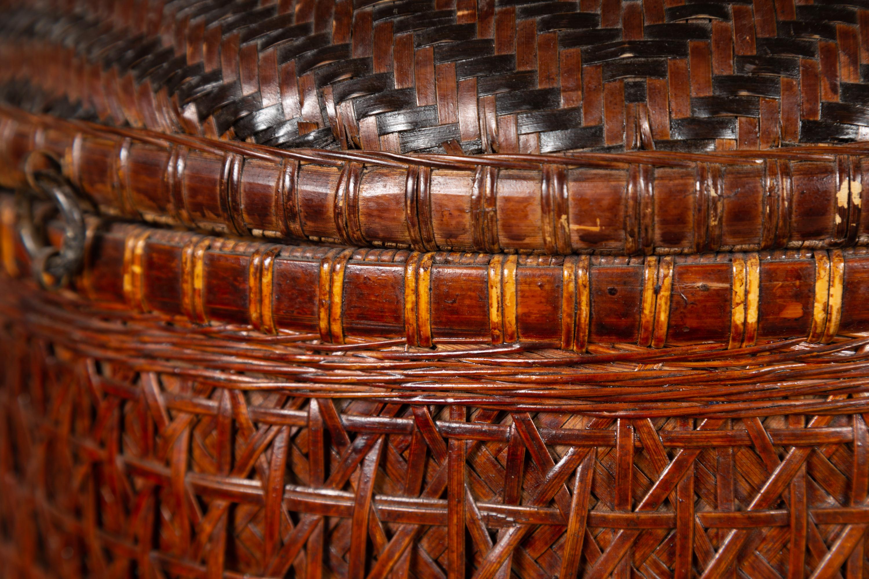 Chinese Early 20th Century Wood and Rattan Basket with Lid and Decorative Motifs 7