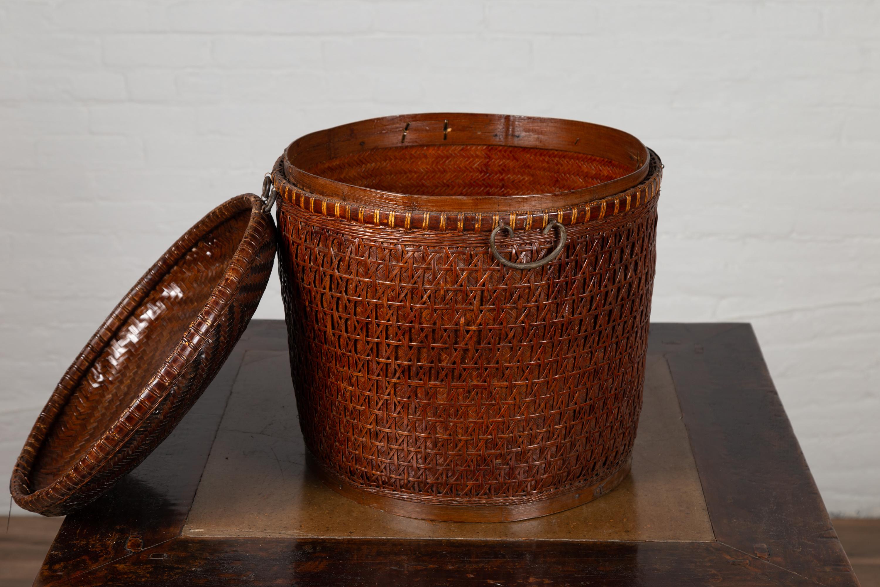 Chinese Early 20th Century Wood and Rattan Basket with Lid and Decorative Motifs 8