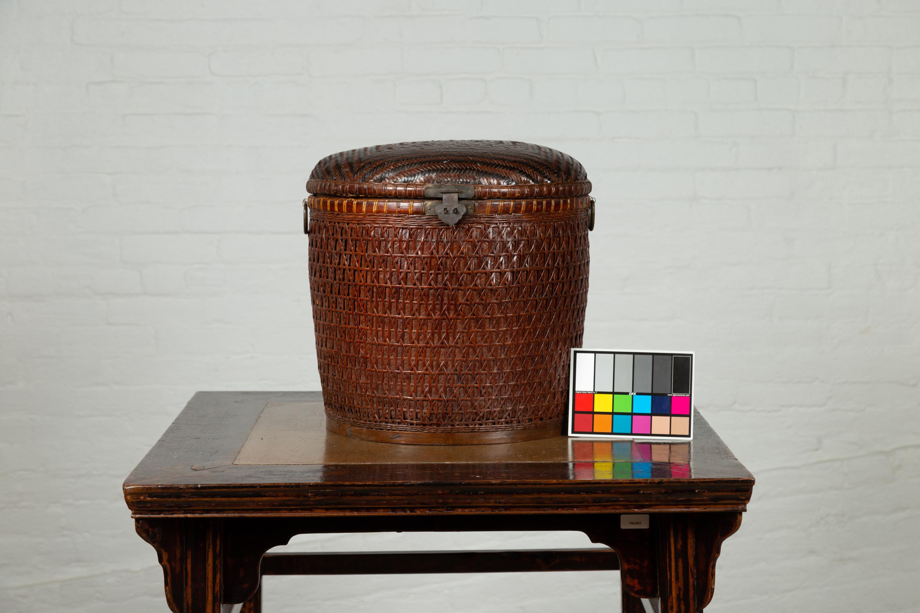 Chinese Early 20th Century Wood and Rattan Basket with Lid and Decorative Motifs 11