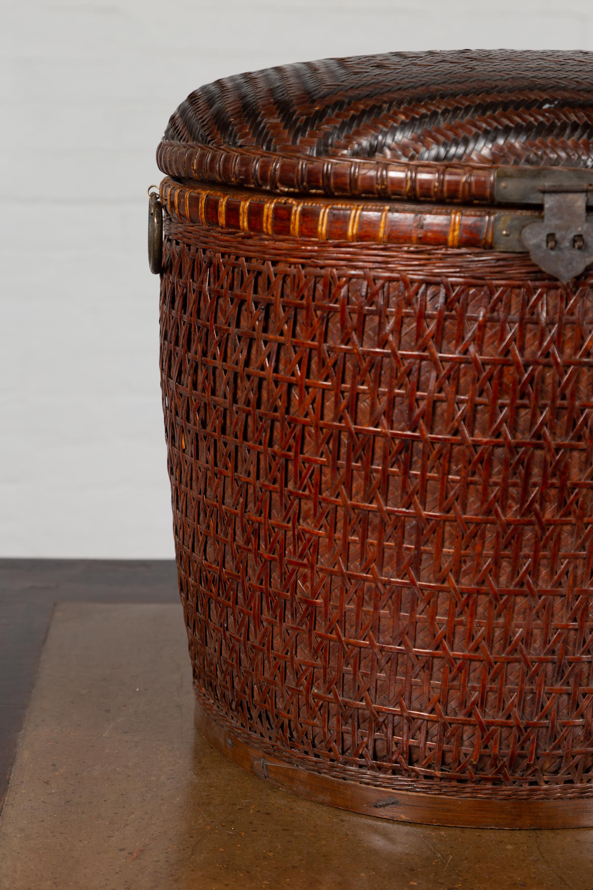 Chinese Early 20th Century Wood and Rattan Basket with Lid and Decorative Motifs 1