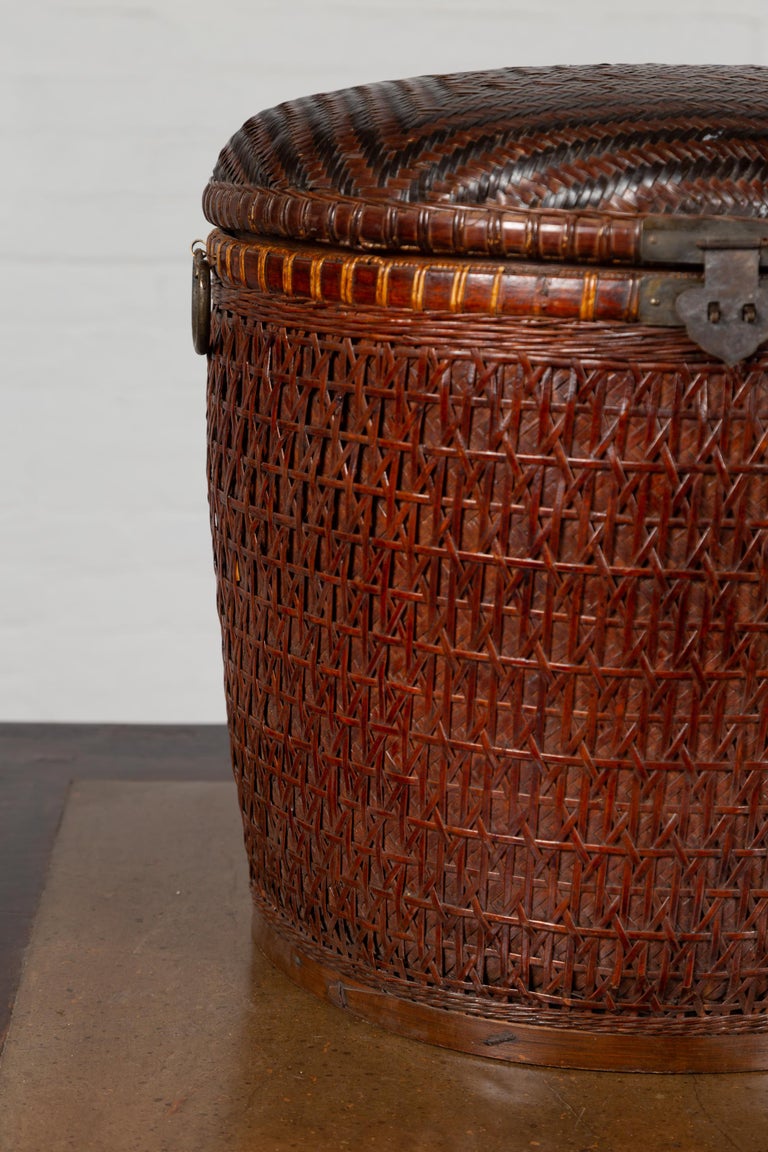 Chinese Early 20th Century Wood and Rattan Basket with Lid