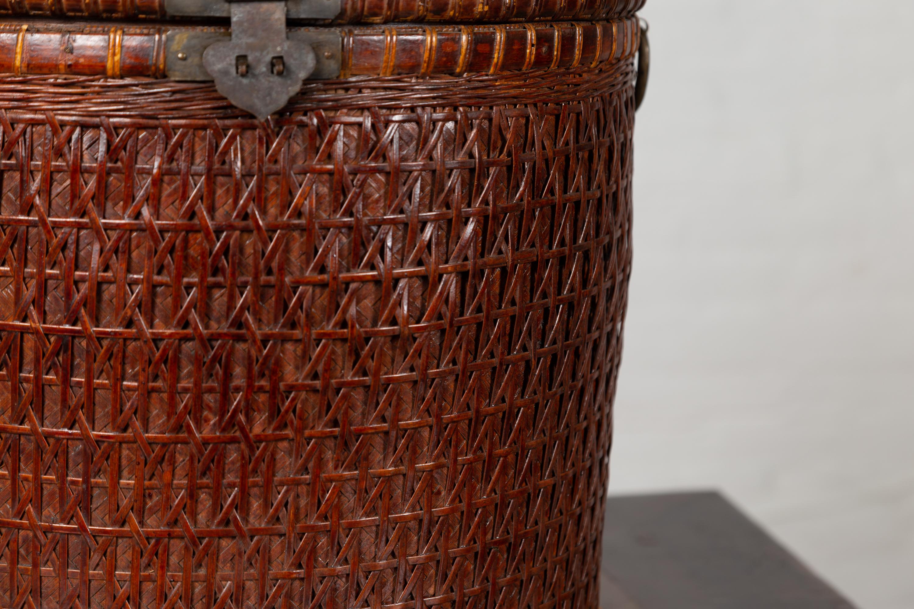 Chinese Early 20th Century Wood and Rattan Basket with Lid and Decorative Motifs 2